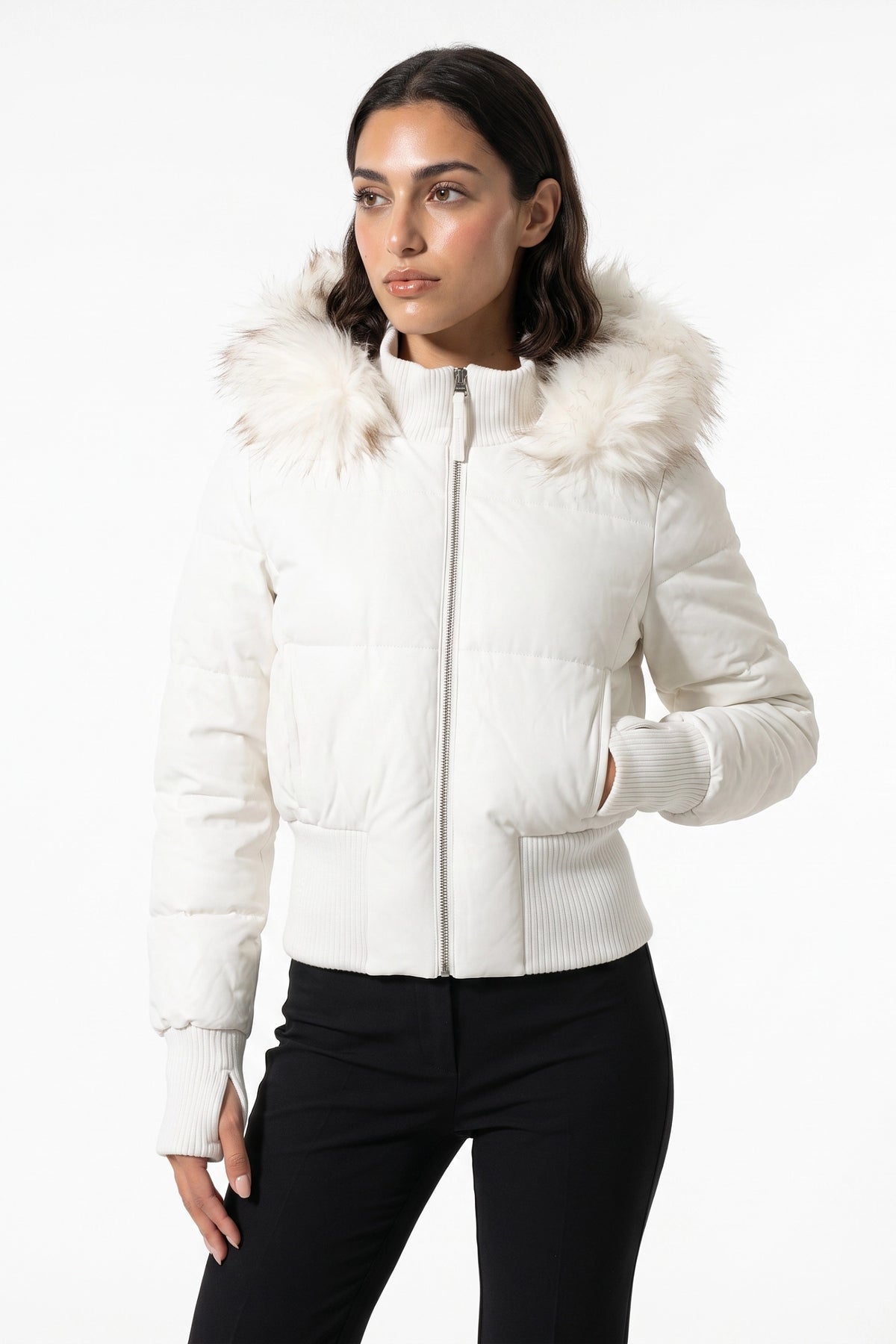 Women’s Winter Warm Cropped Puffer Jacket with Fur Trim Hood