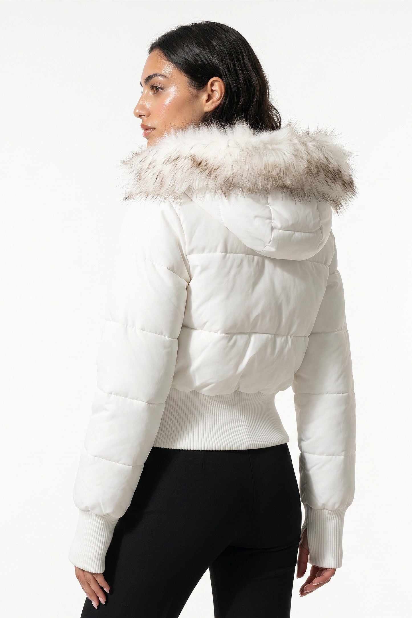 Women’s Winter Warm Cropped Puffer Jacket with Fur Trim Hood