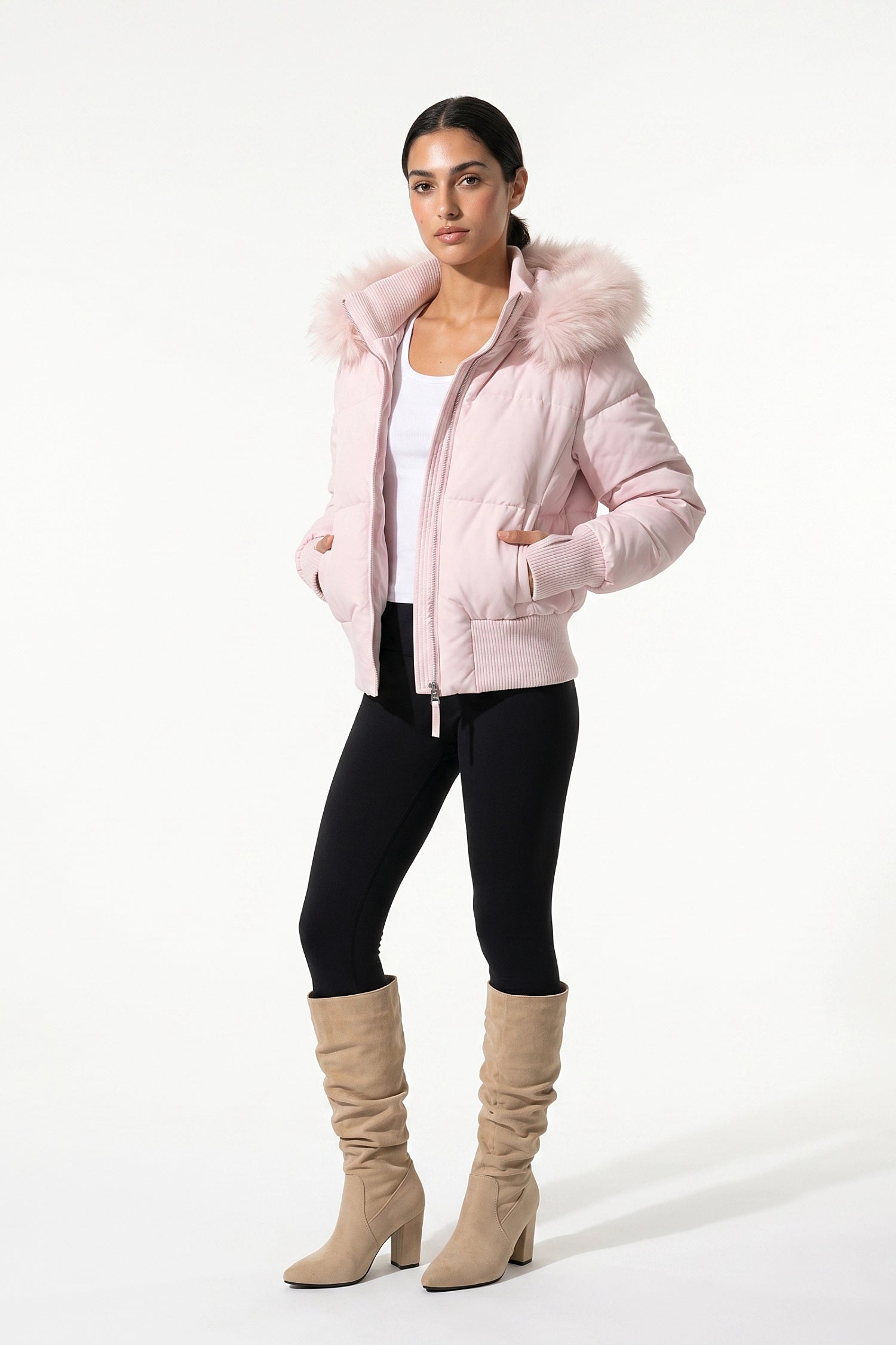 Women’s Winter Warm Cropped Puffer Jacket with Fur Trim Hood