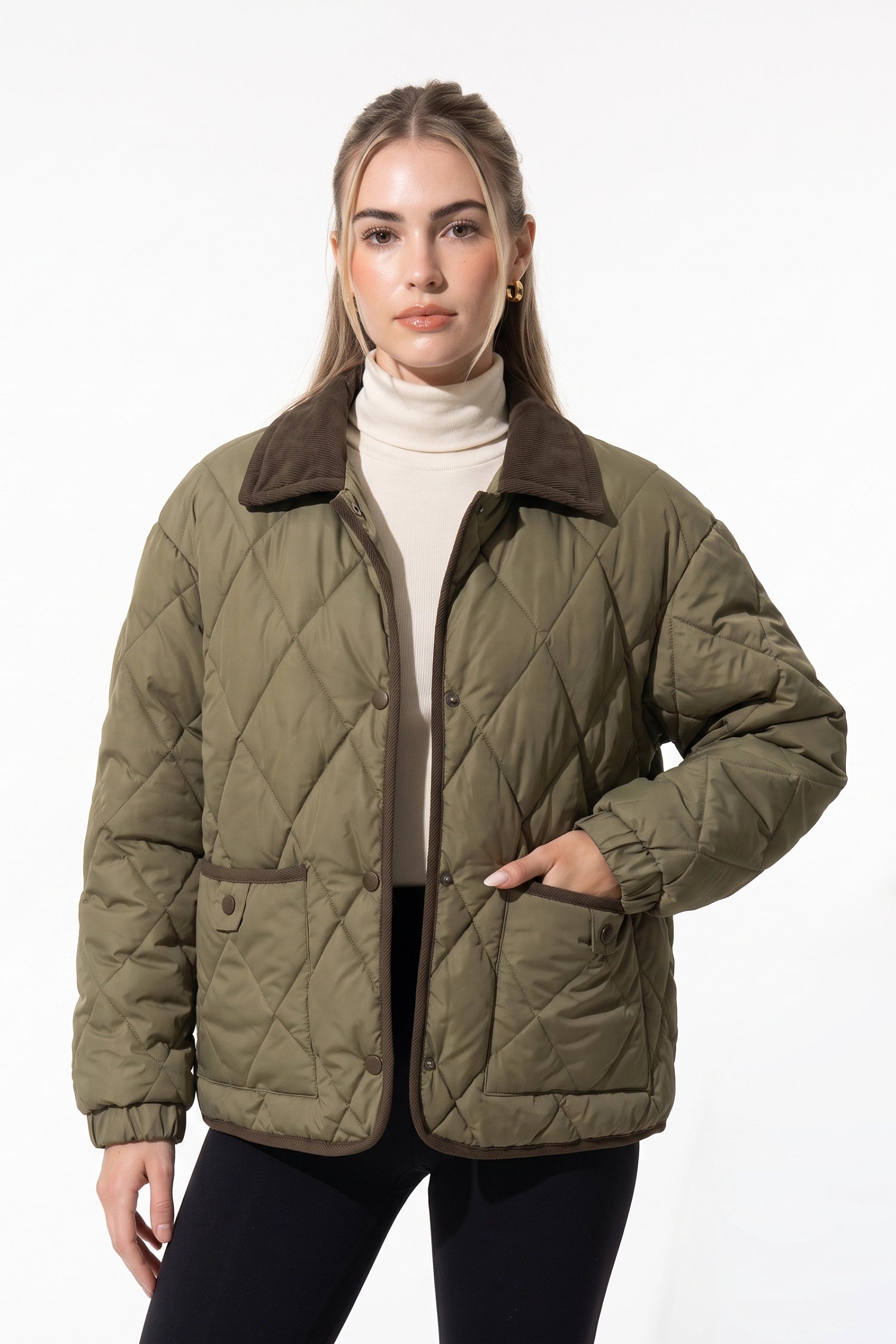 Women's Diamond Quilted Puffer Jacket with Corduroy Collar