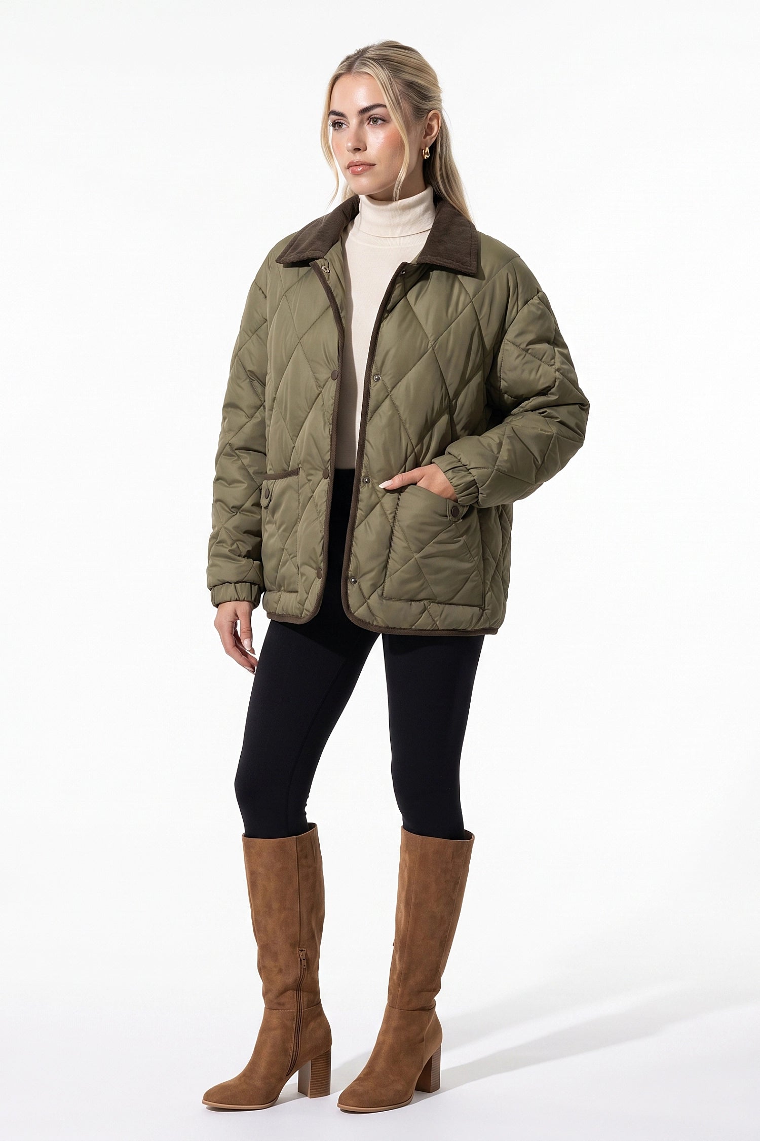 Women's Diamond Quilted Puffer Jacket with Corduroy Collar