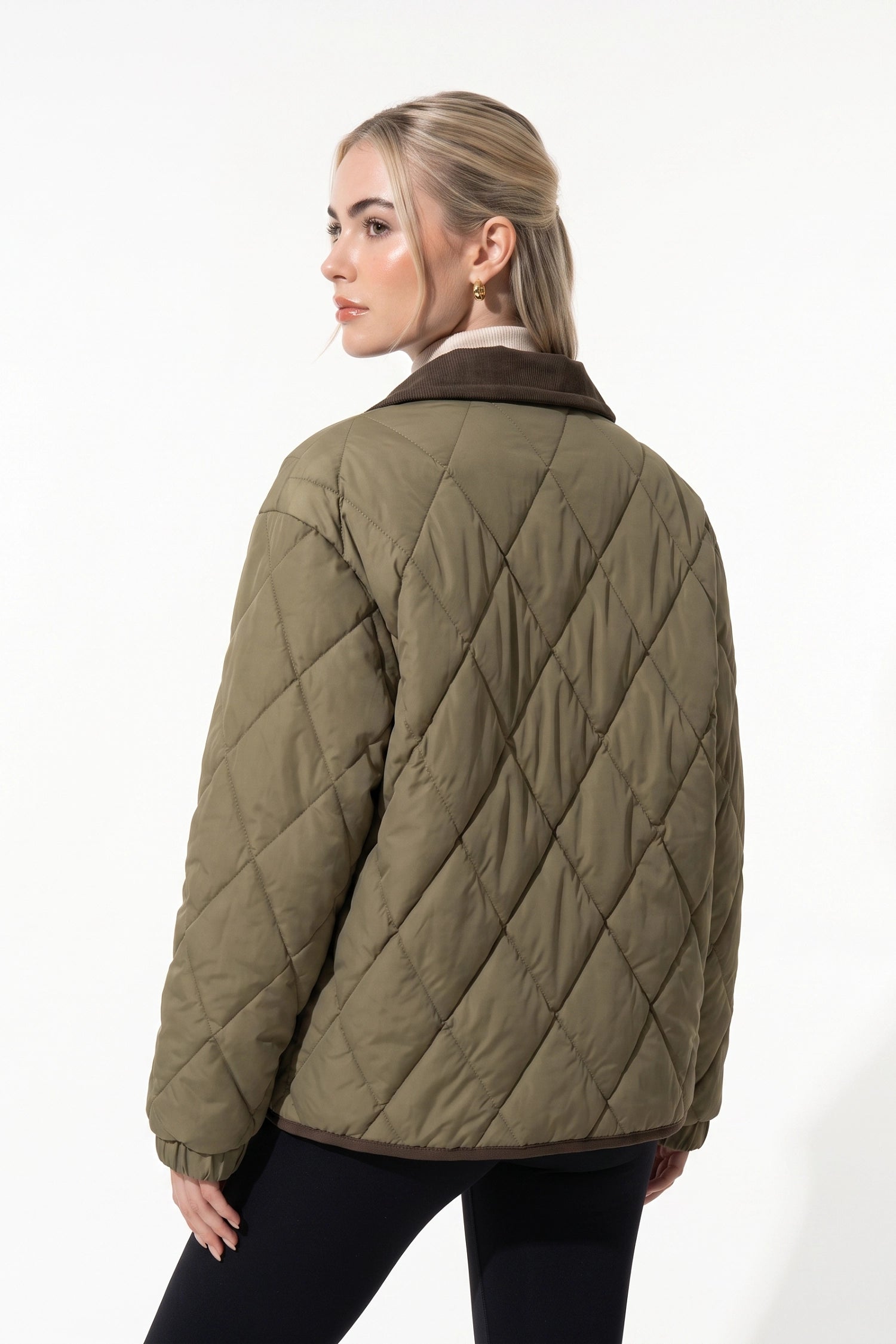 Women's Diamond Quilted Puffer Jacket with Corduroy Collar