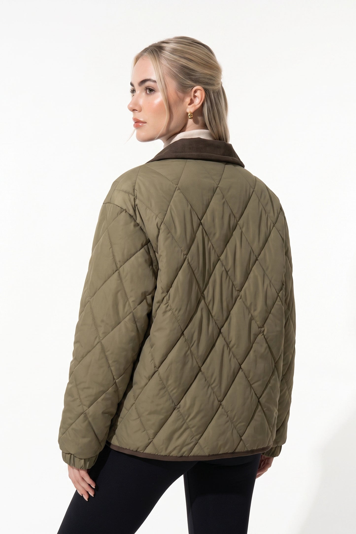 Women's Diamond Quilted Puffer Jacket with Corduroy Collar
