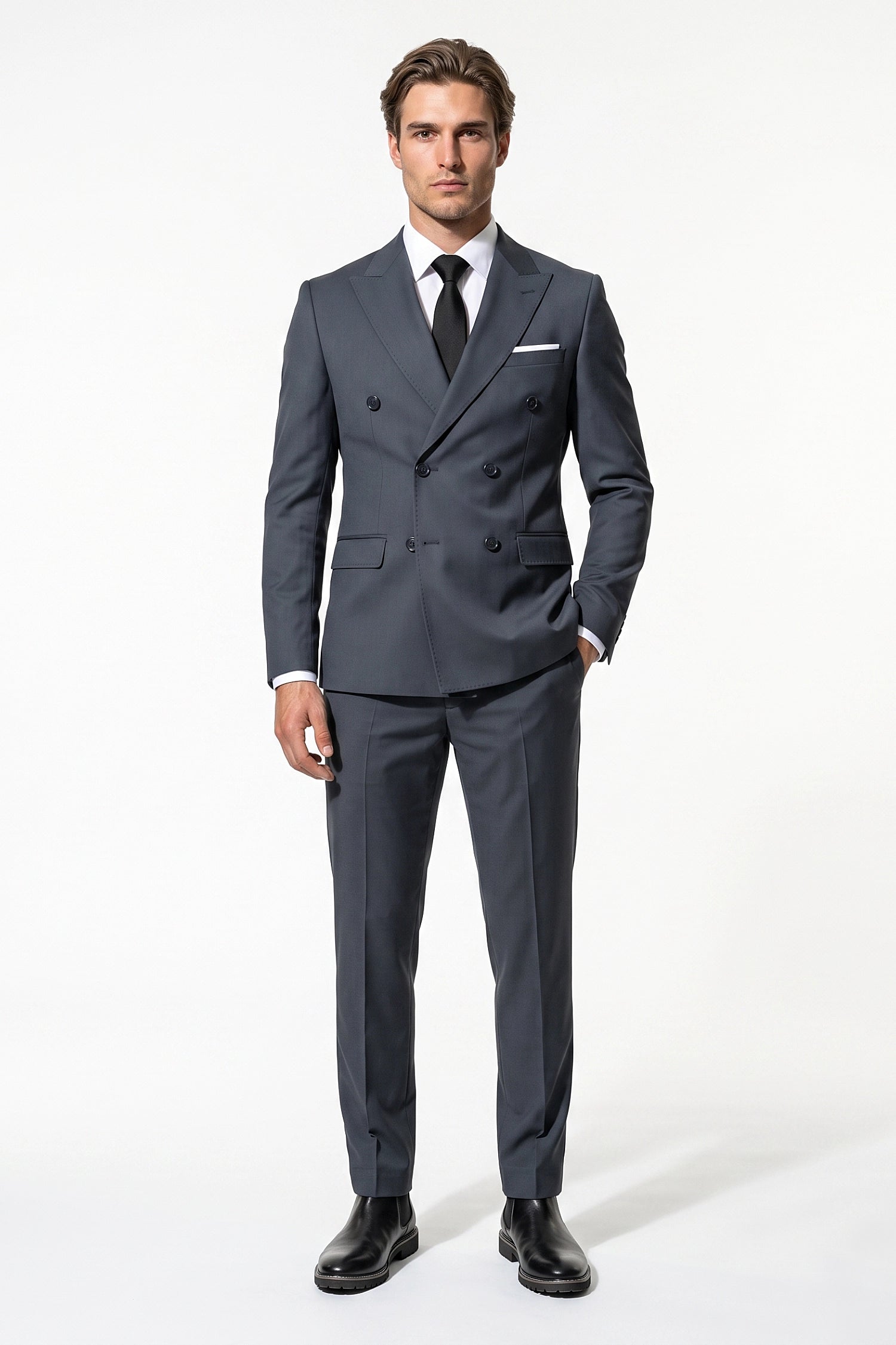 Men's Tailored Fit Double Breasted Two Piece Suit Set - Peak Lapel Blazer and Trousers