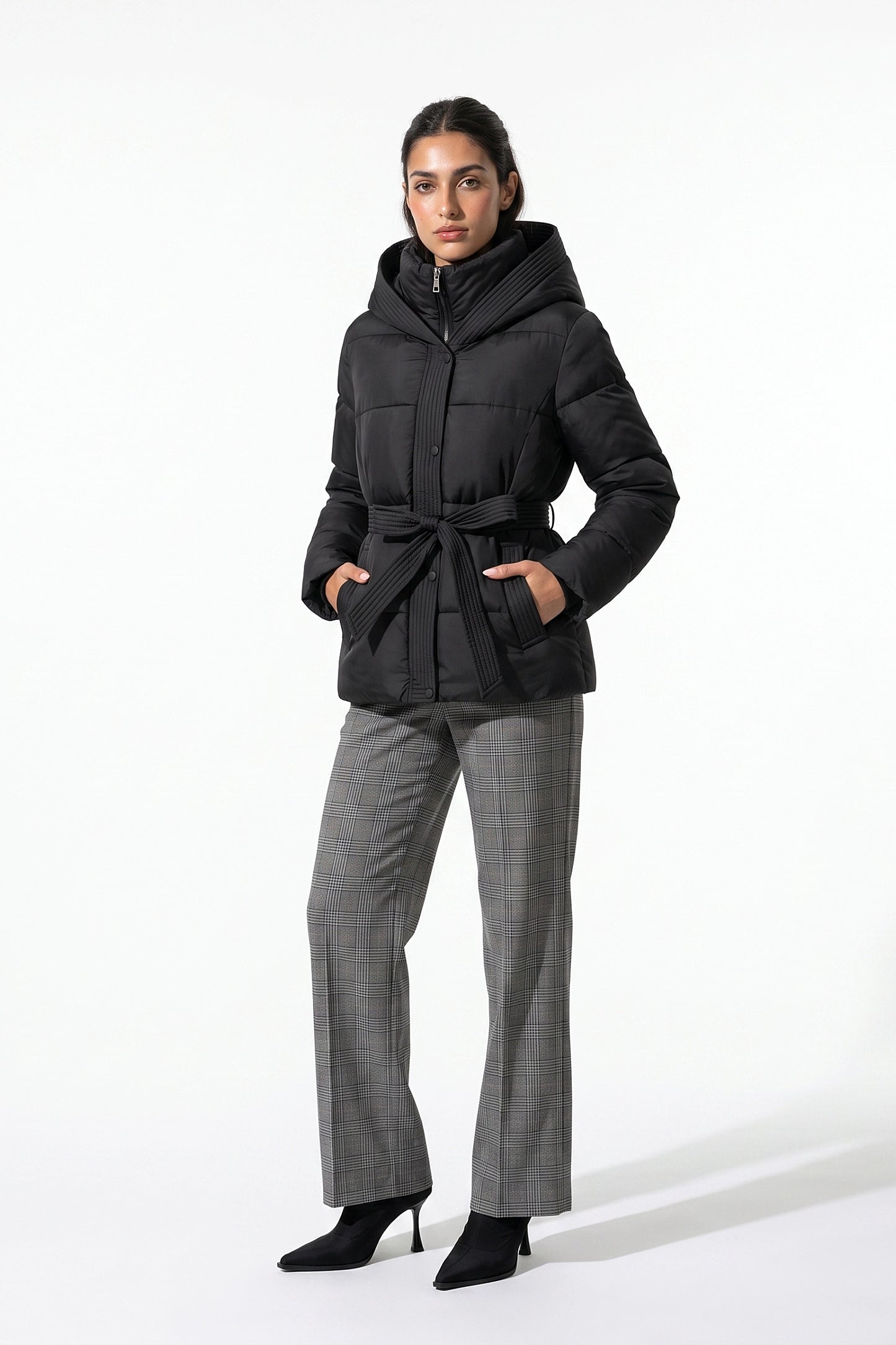 Women's Winter Warm Hooded Puffer Jacket with Belted Waist