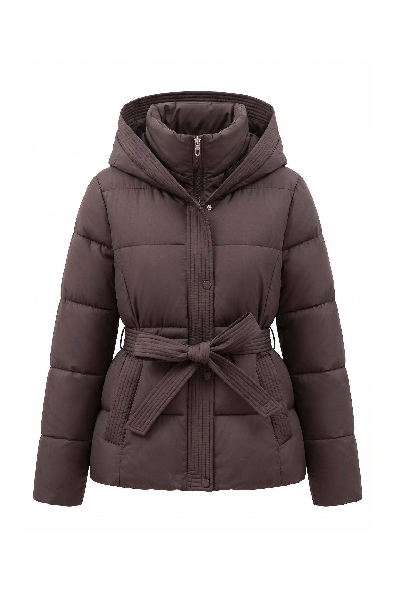 Women's Winter Warm Hooded Puffer Jacket with Belted Waist