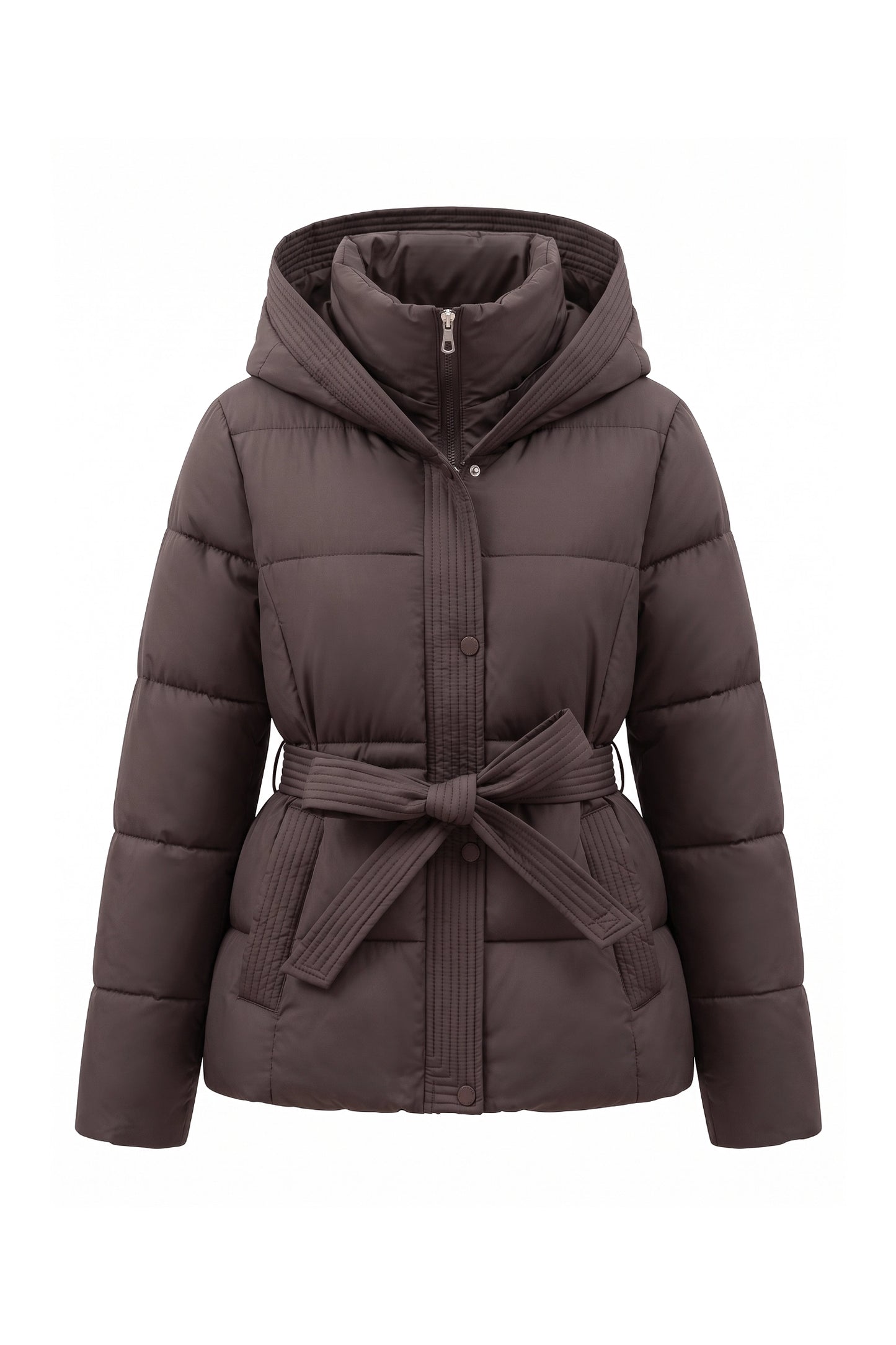 Women's Winter Warm Hooded Puffer Jacket with Belted Waist