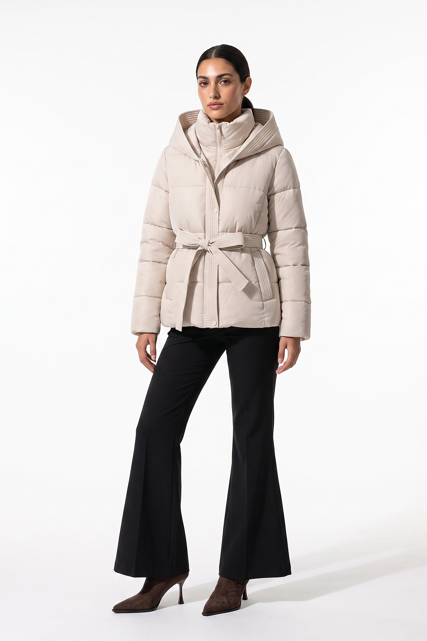 Women's Winter Warm Hooded Puffer Jacket with Belted Waist