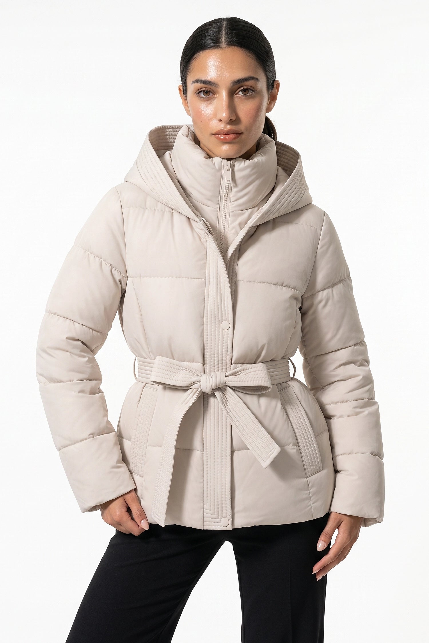 Women's Winter Warm Hooded Puffer Jacket with Belted Waist