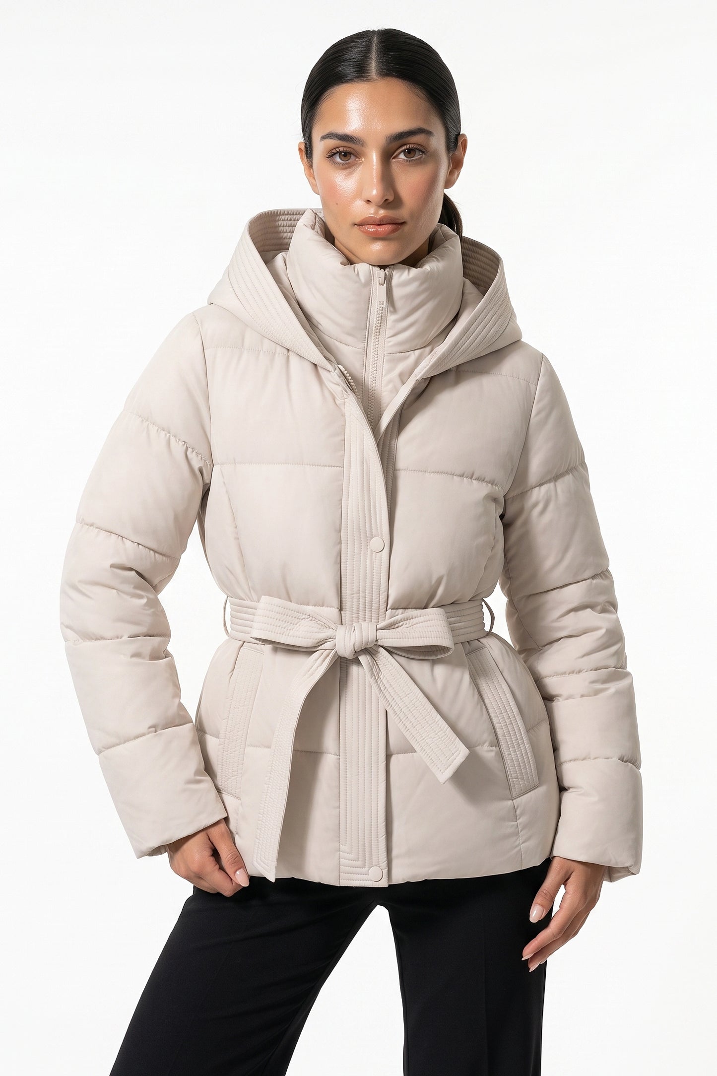 Women's Winter Warm Hooded Puffer Jacket with Belted Waist