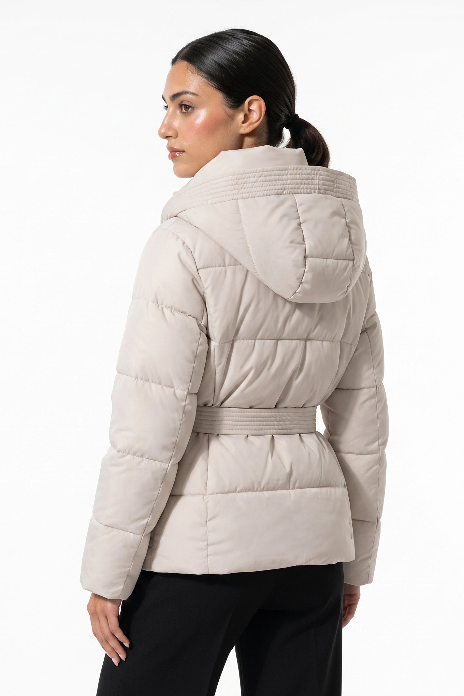 Women's Winter Warm Hooded Puffer Jacket with Belted Waist