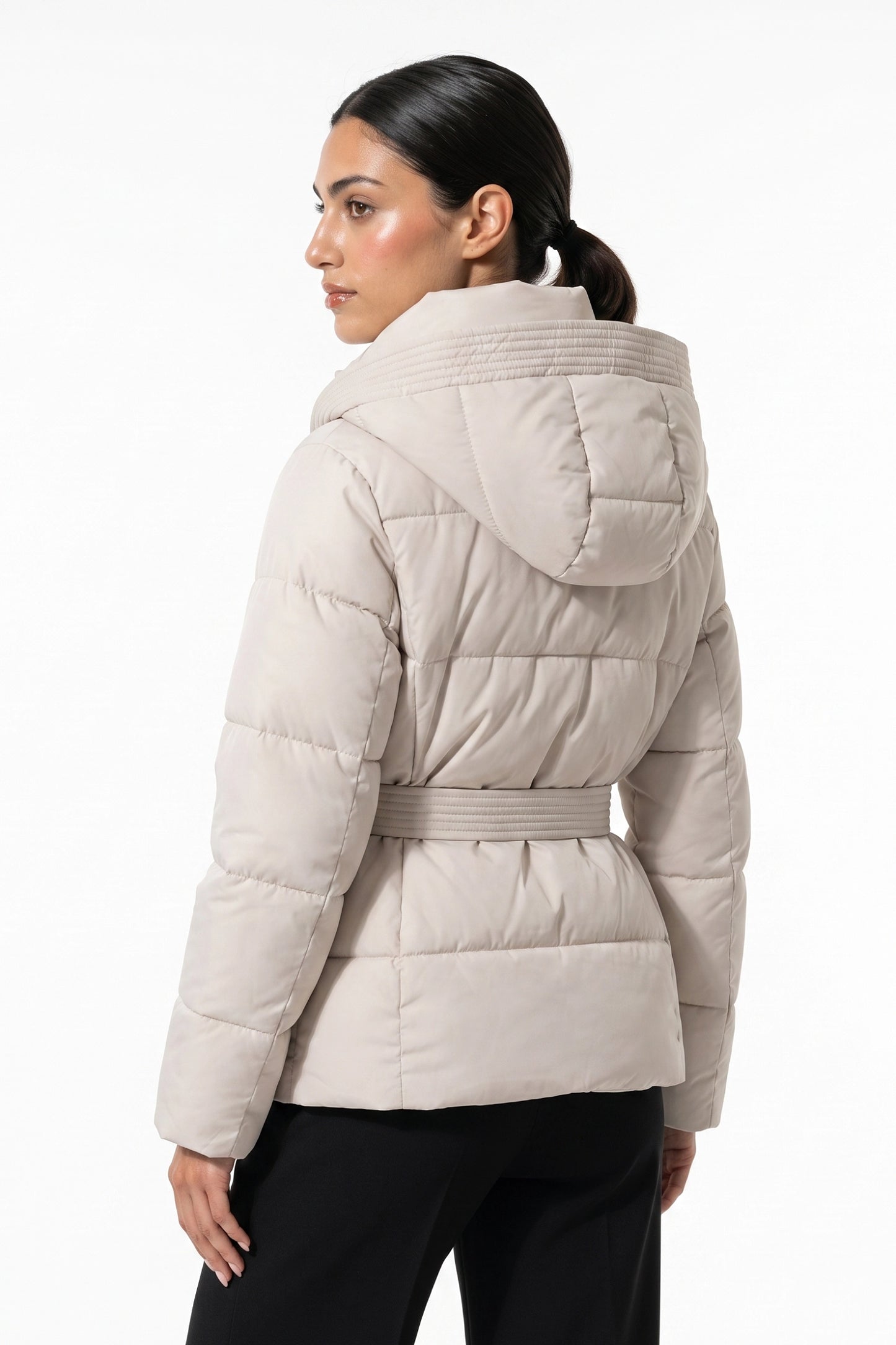 Women's Winter Warm Hooded Puffer Jacket with Belted Waist