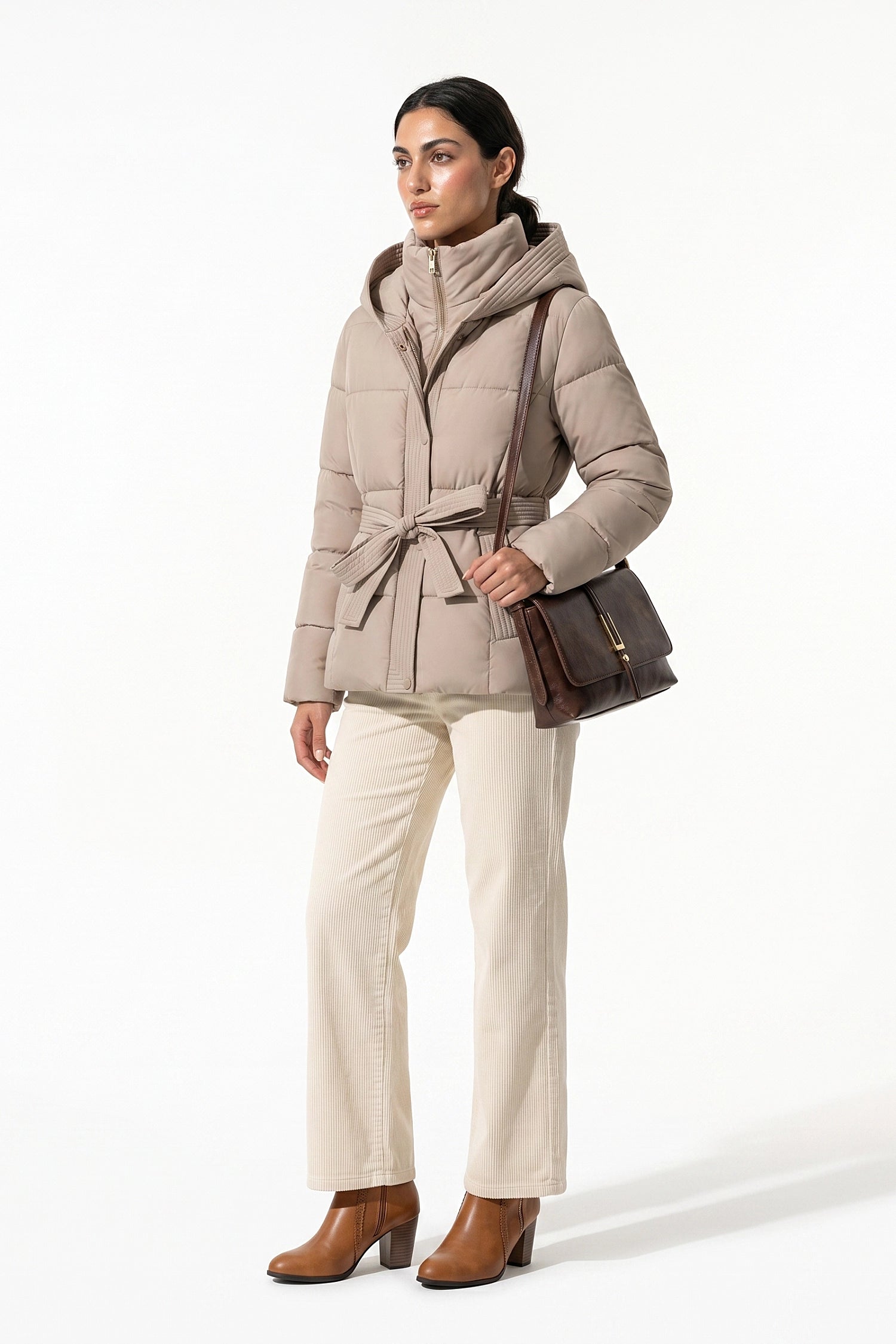 Women's Winter Warm Hooded Puffer Jacket with Belted Waist