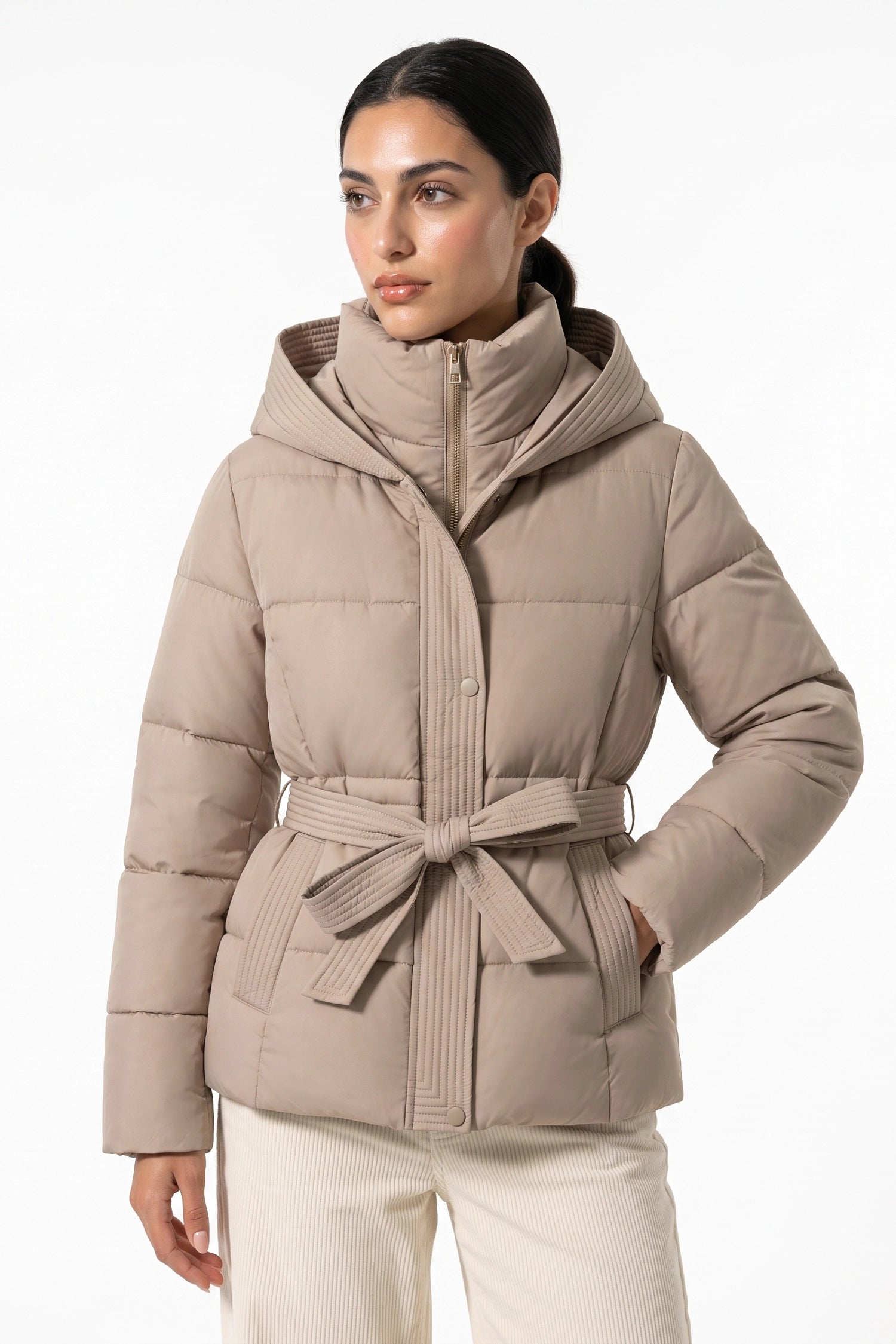 Women's Winter Warm Hooded Puffer Jacket with Belted Waist