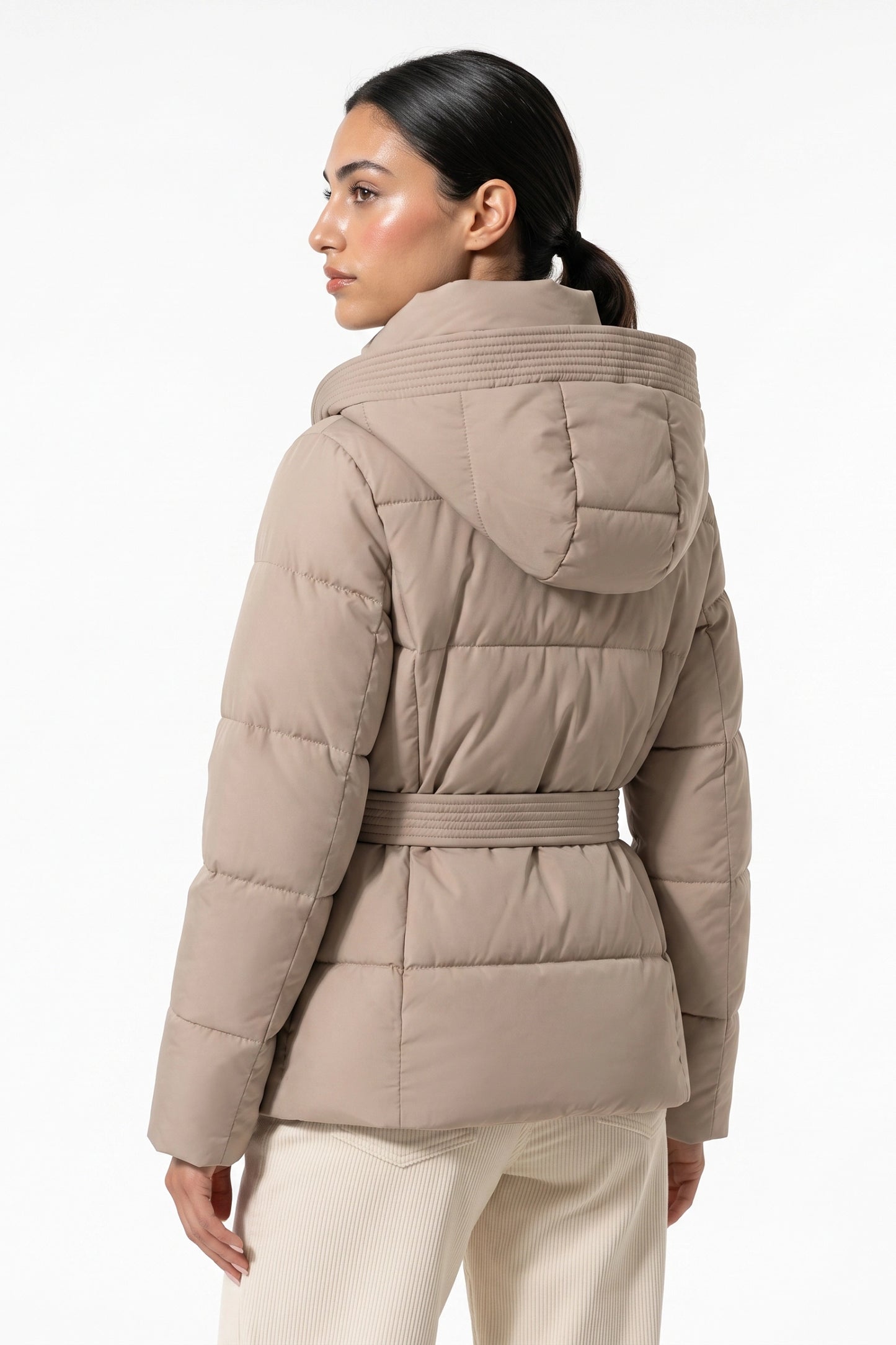 Women's Winter Warm Hooded Puffer Jacket with Belted Waist
