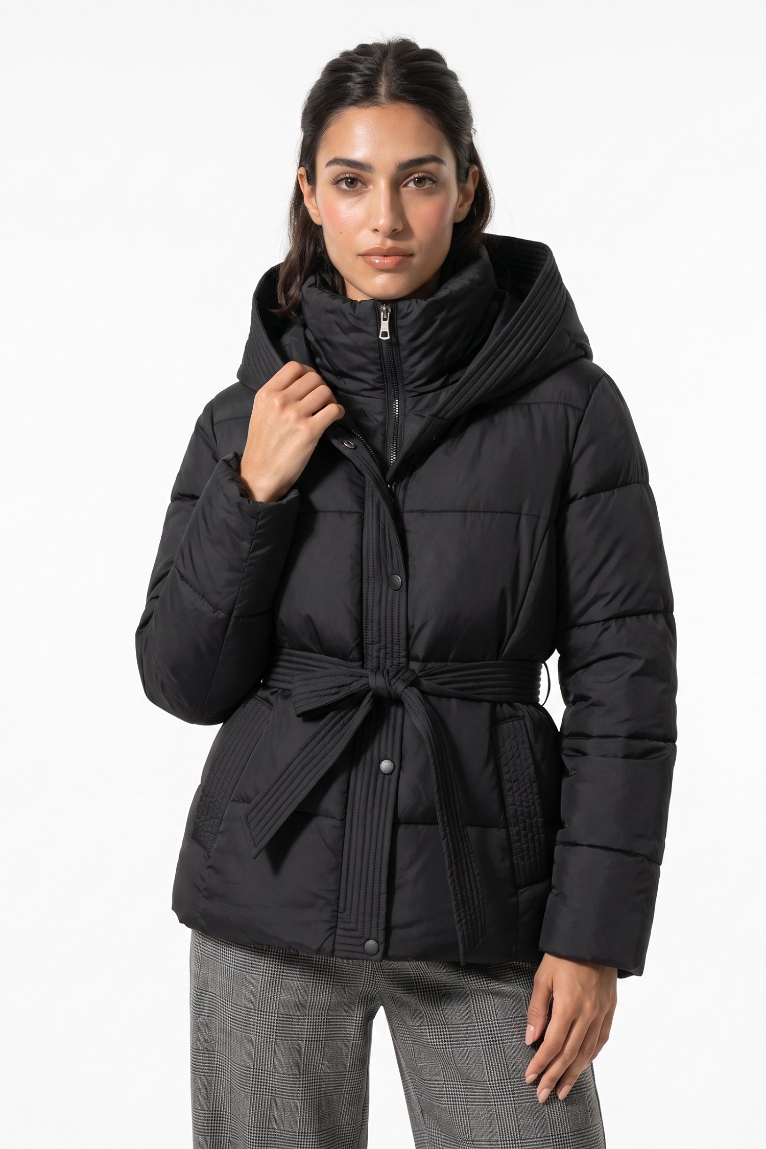 Women's Winter Warm Hooded Puffer Jacket with Belted Waist
