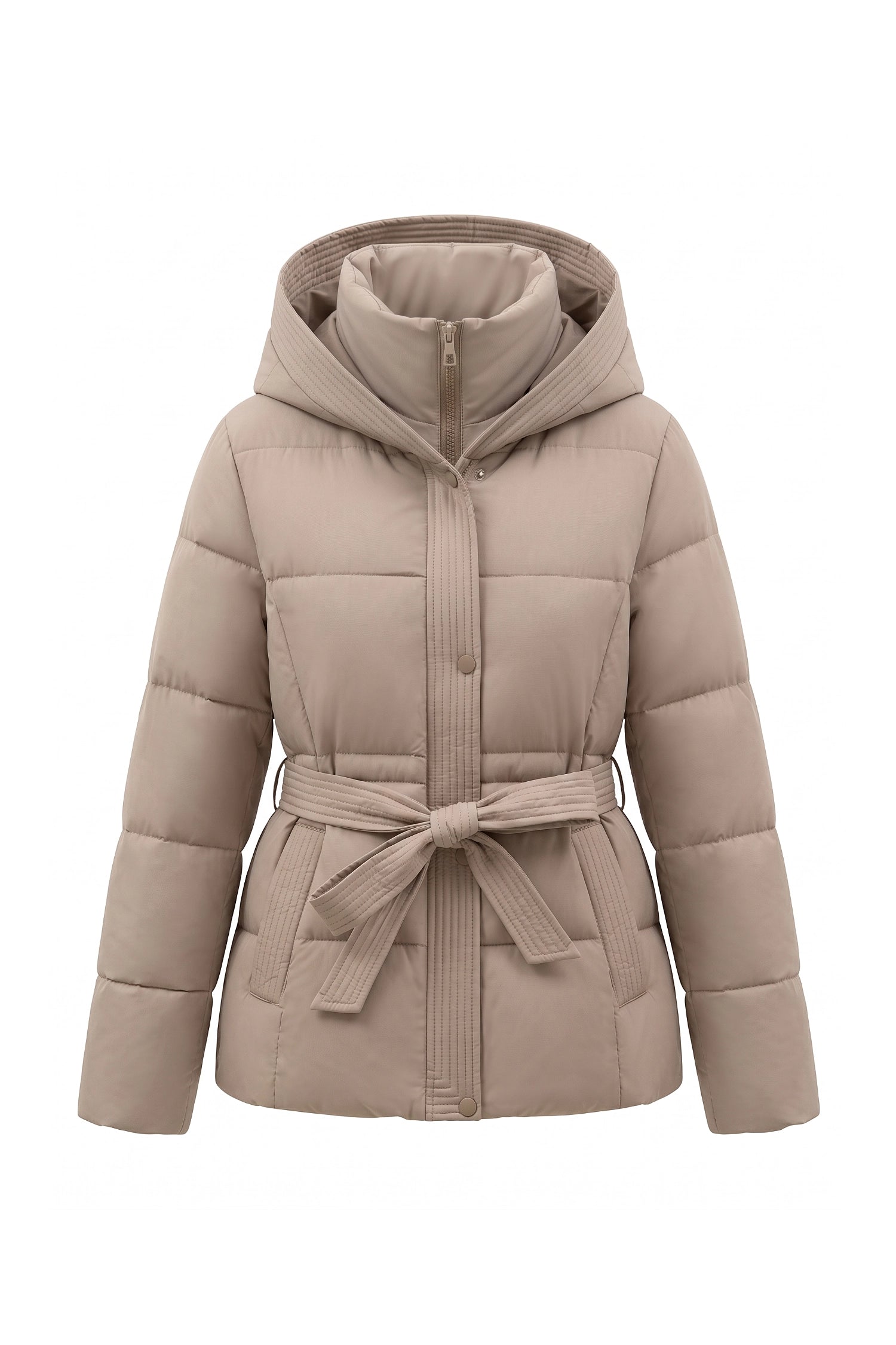 Women's Winter Warm Hooded Puffer Jacket with Belted Waist