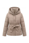 Women's Winter Warm Hooded Puffer Jacket with Belted Waist