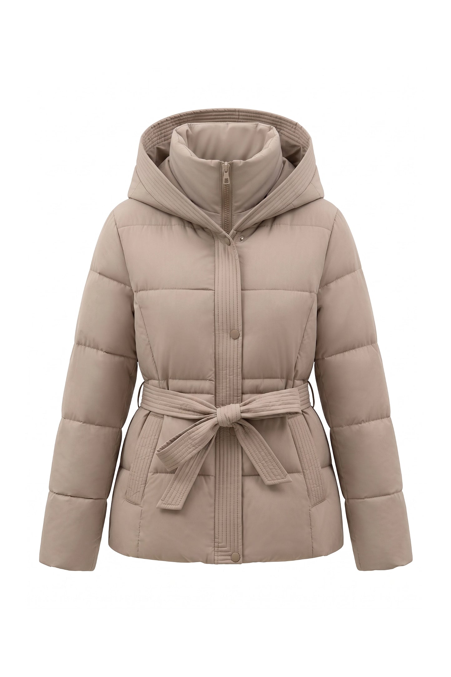 Women's Winter Warm Hooded Puffer Jacket with Belted Waist