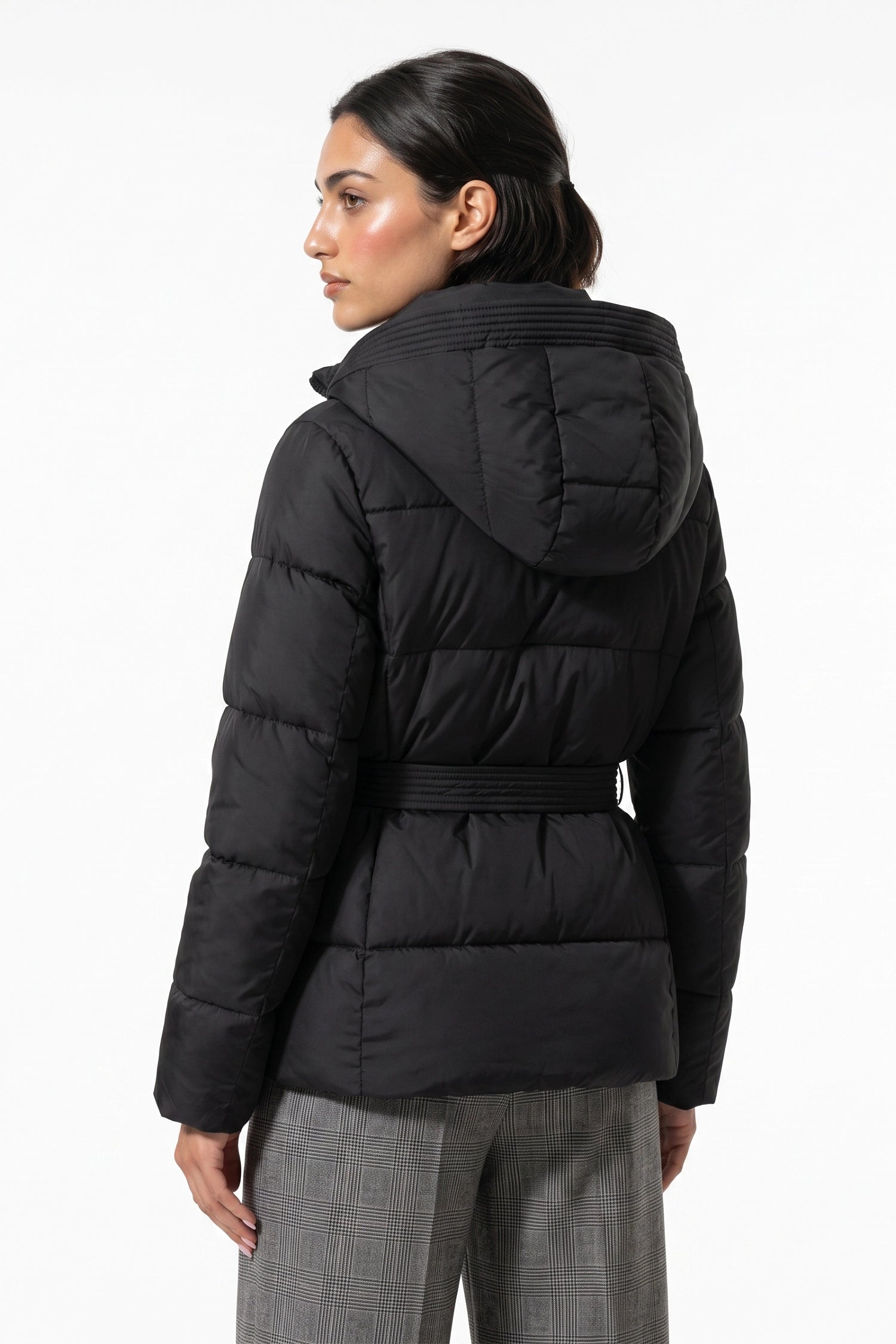 Women's Winter Warm Hooded Puffer Jacket with Belted Waist