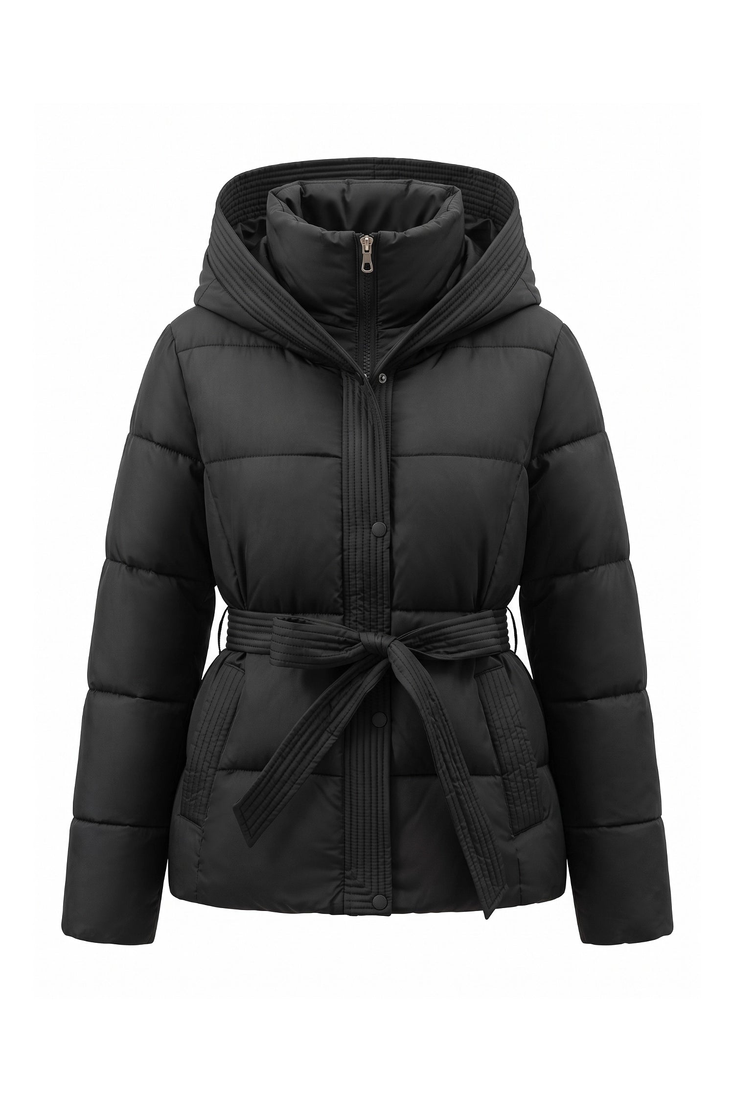 Women's Winter Warm Hooded Puffer Jacket with Belted Waist