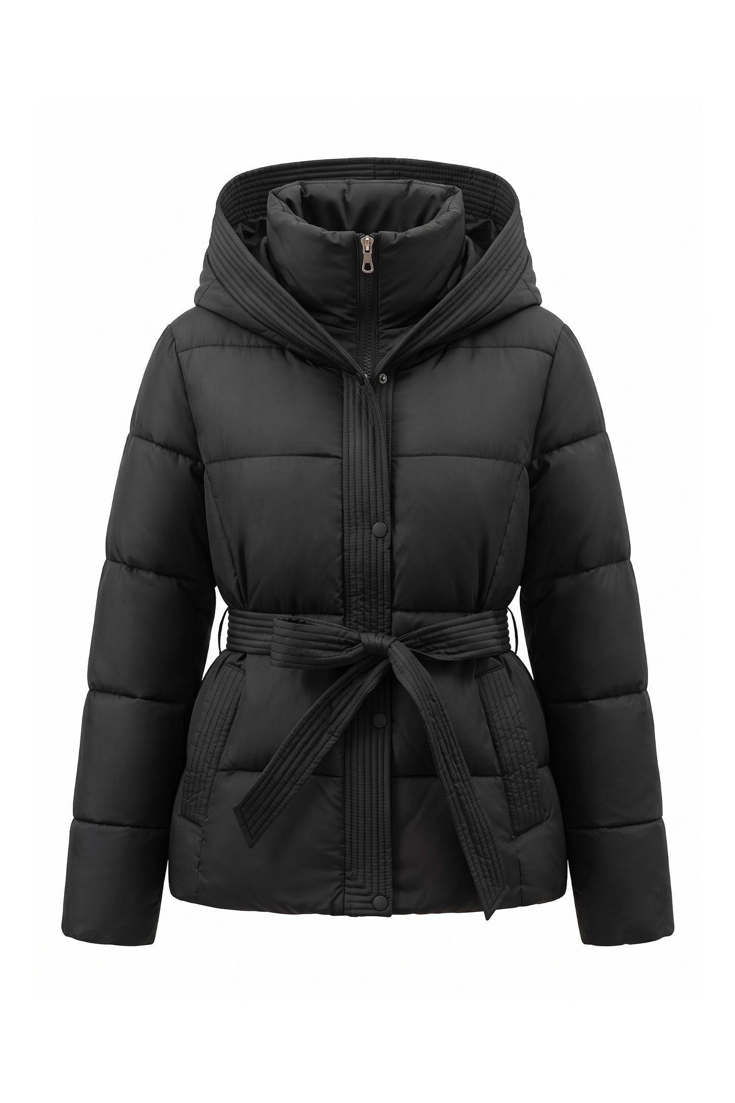 Women's Winter Warm Hooded Puffer Jacket with Belted Waist