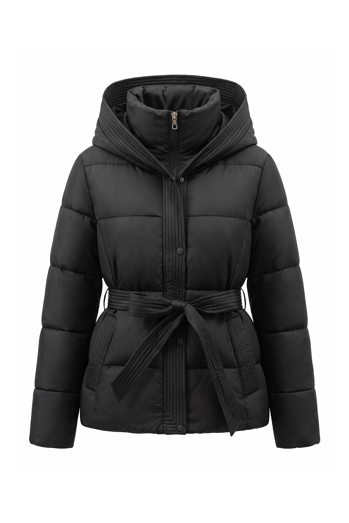 Women's Winter Warm Hooded Puffer Jacket with Belted Waist