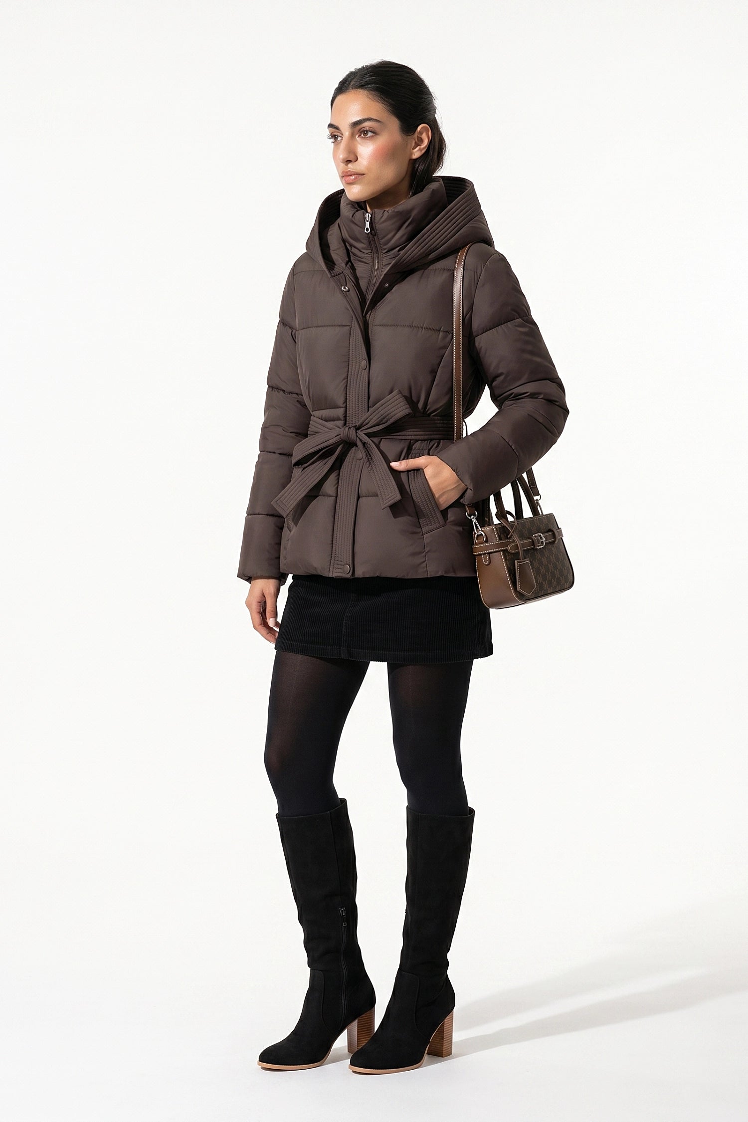 Women's Winter Warm Hooded Puffer Jacket with Belted Waist
