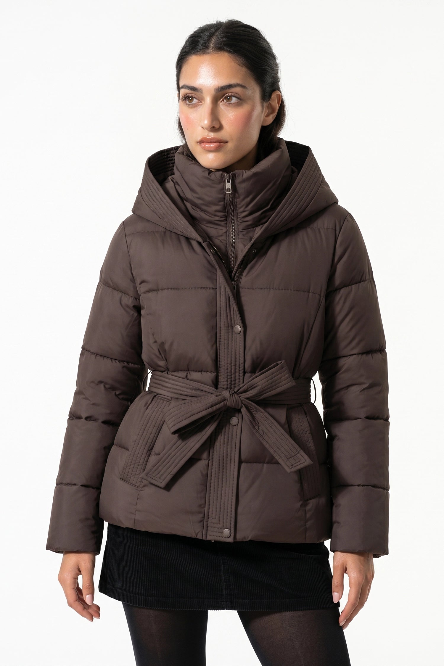 Women's Winter Warm Hooded Puffer Jacket with Belted Waist