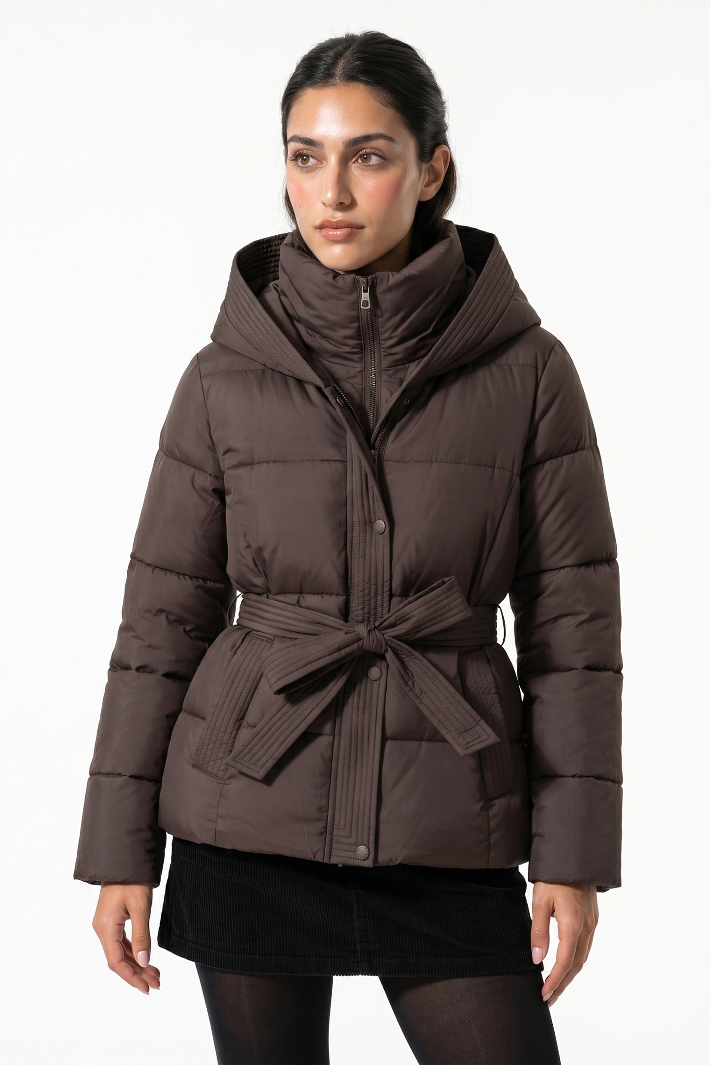 Women's Winter Warm Hooded Puffer Jacket with Belted Waist