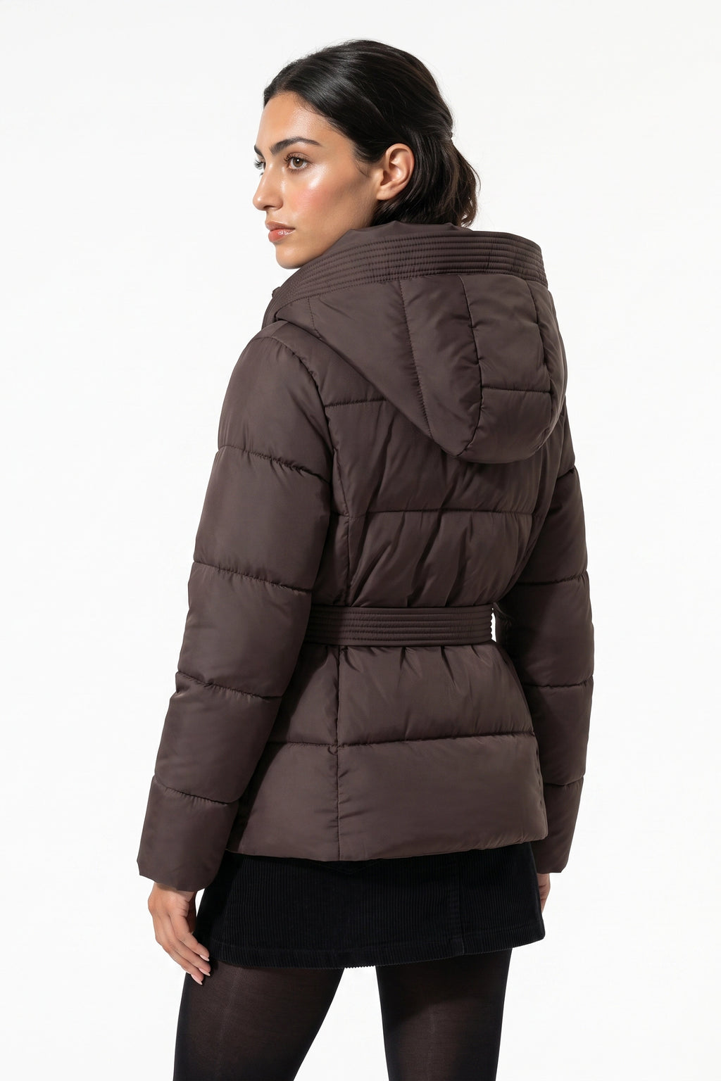 Women's Winter Warm Hooded Puffer Jacket with Belted Waist