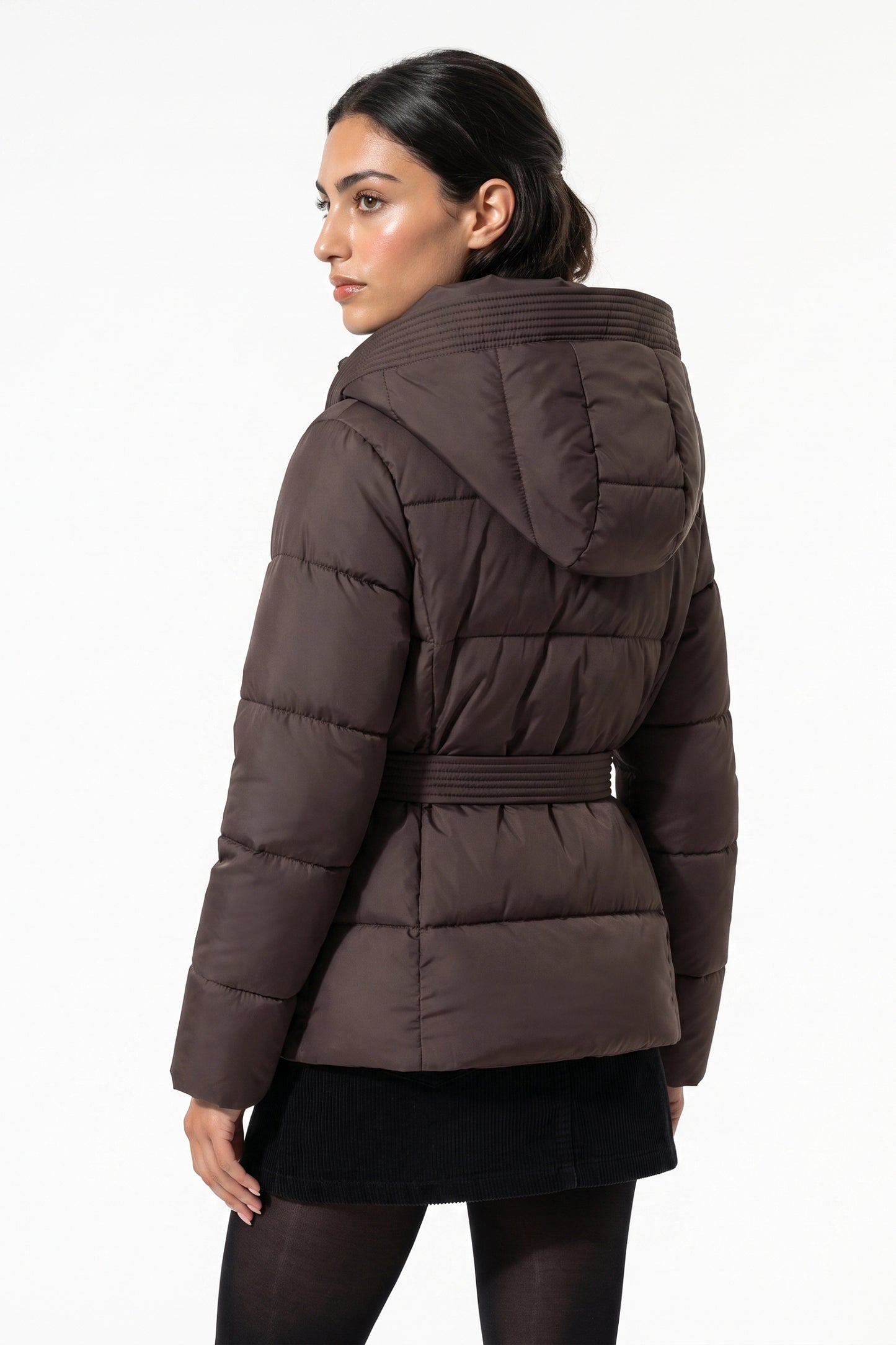 Women's Winter Warm Hooded Puffer Jacket with Belted Waist