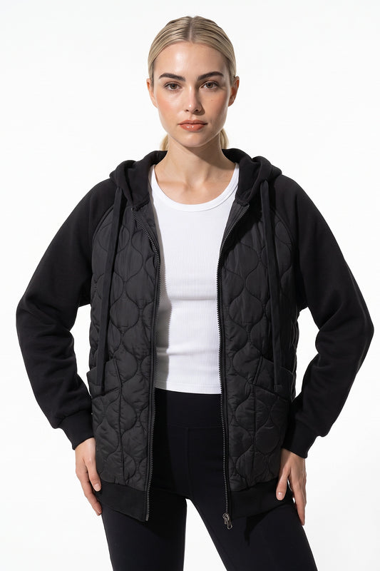 Women's Winter Warm Hooded Diamond Quilted Jacket with Soft Knit Sleeves