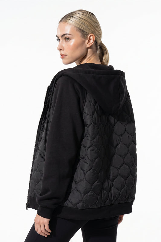 Women's Winter Warm Hooded Diamond Quilted Jacket with Soft Knit Sleeves