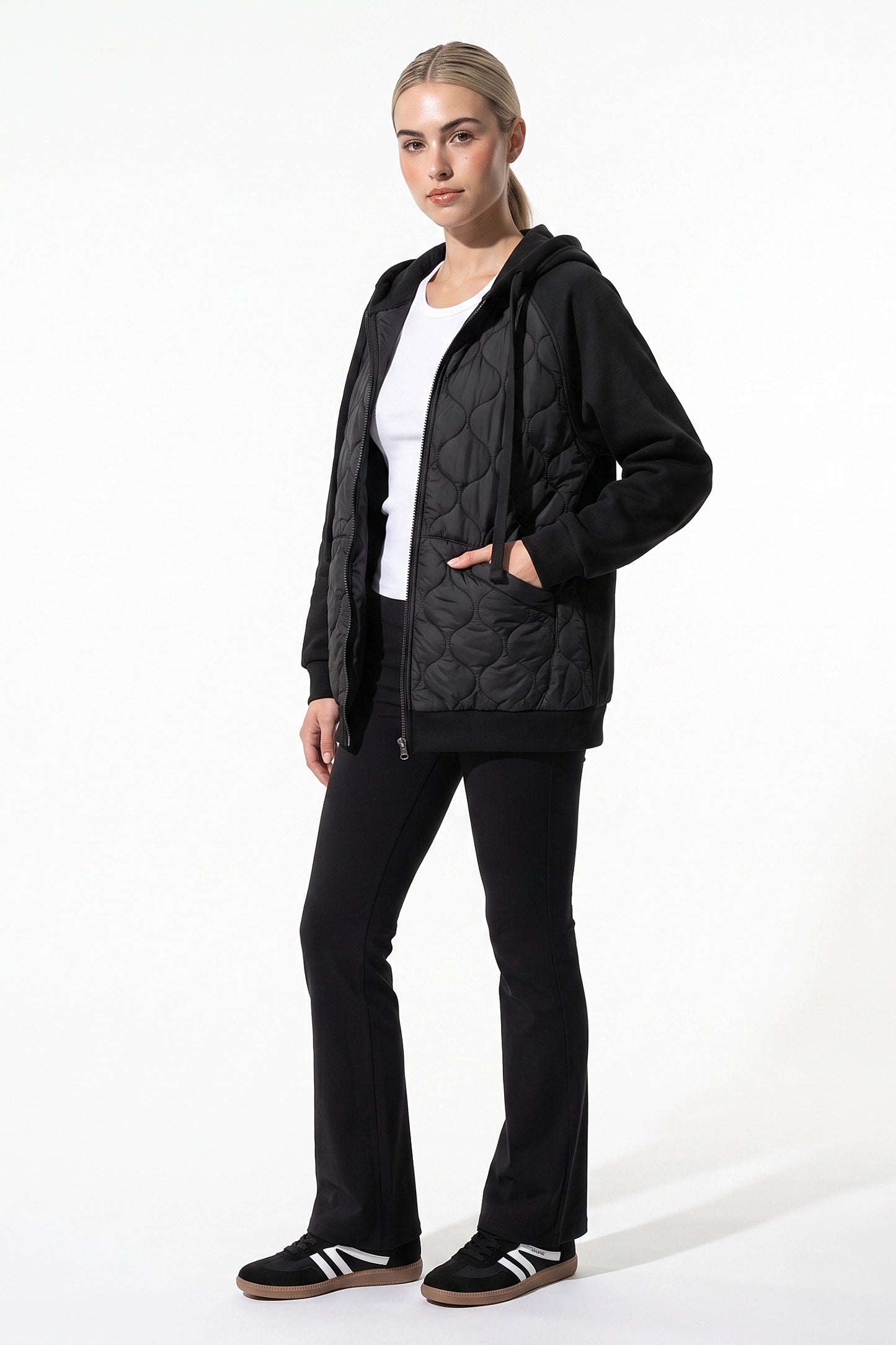Women's Winter Warm Hooded Diamond Quilted Jacket with Soft Knit Sleeves