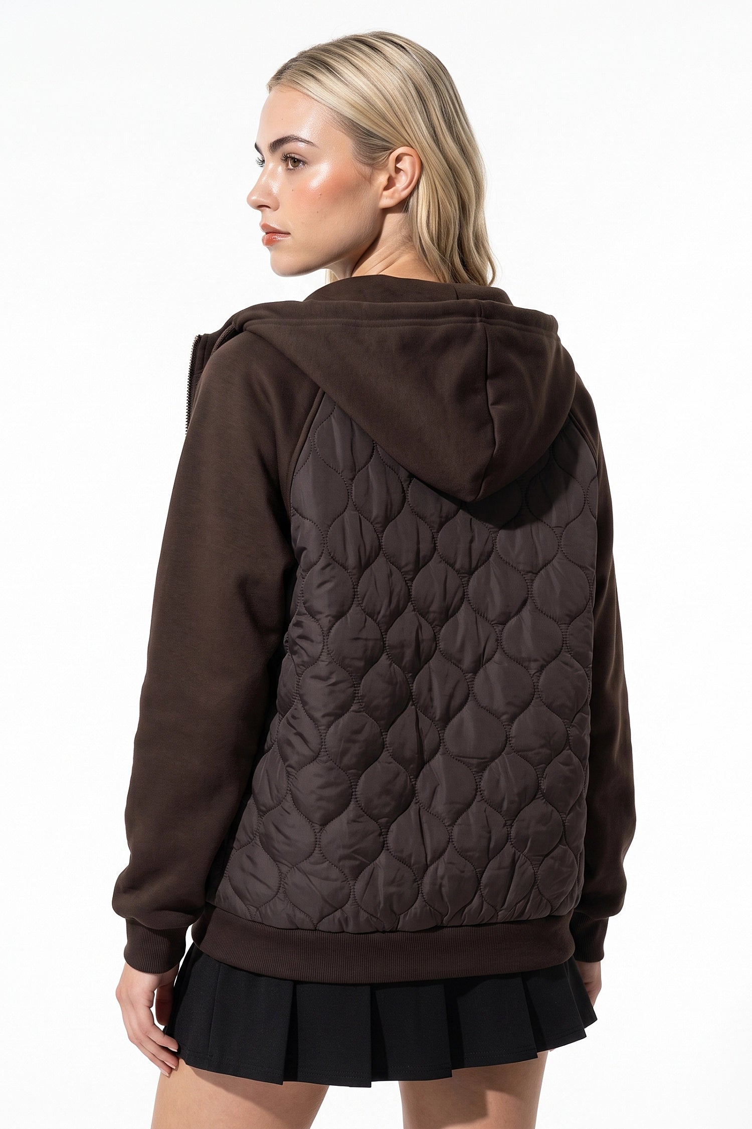 Women's Winter Warm Hooded Diamond Quilted Jacket with Soft Knit Sleeves