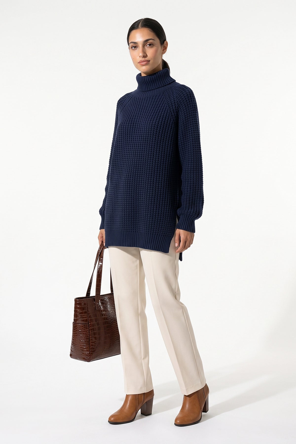 Women's Winter Warm Knitted Jumper with Roll Neck and Side Splits