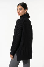 Women's Winter Warm Knitted Jumper with Roll Neck and Side Splits