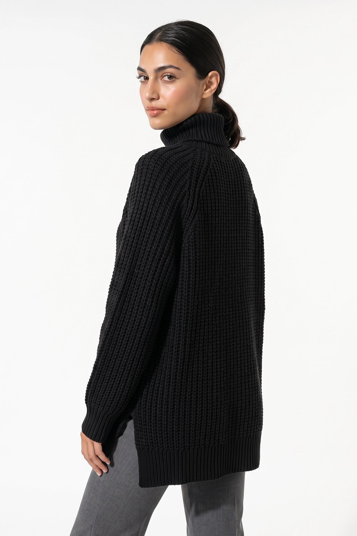 Women's Winter Warm Knitted Jumper with Roll Neck and Side Splits