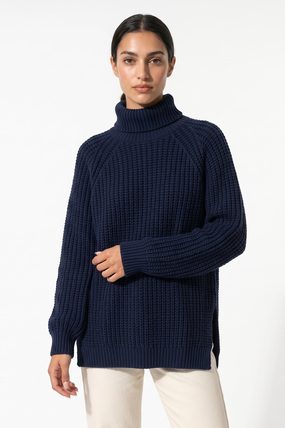 Women's Winter Warm Knitted Jumper with Roll Neck and Side Splits