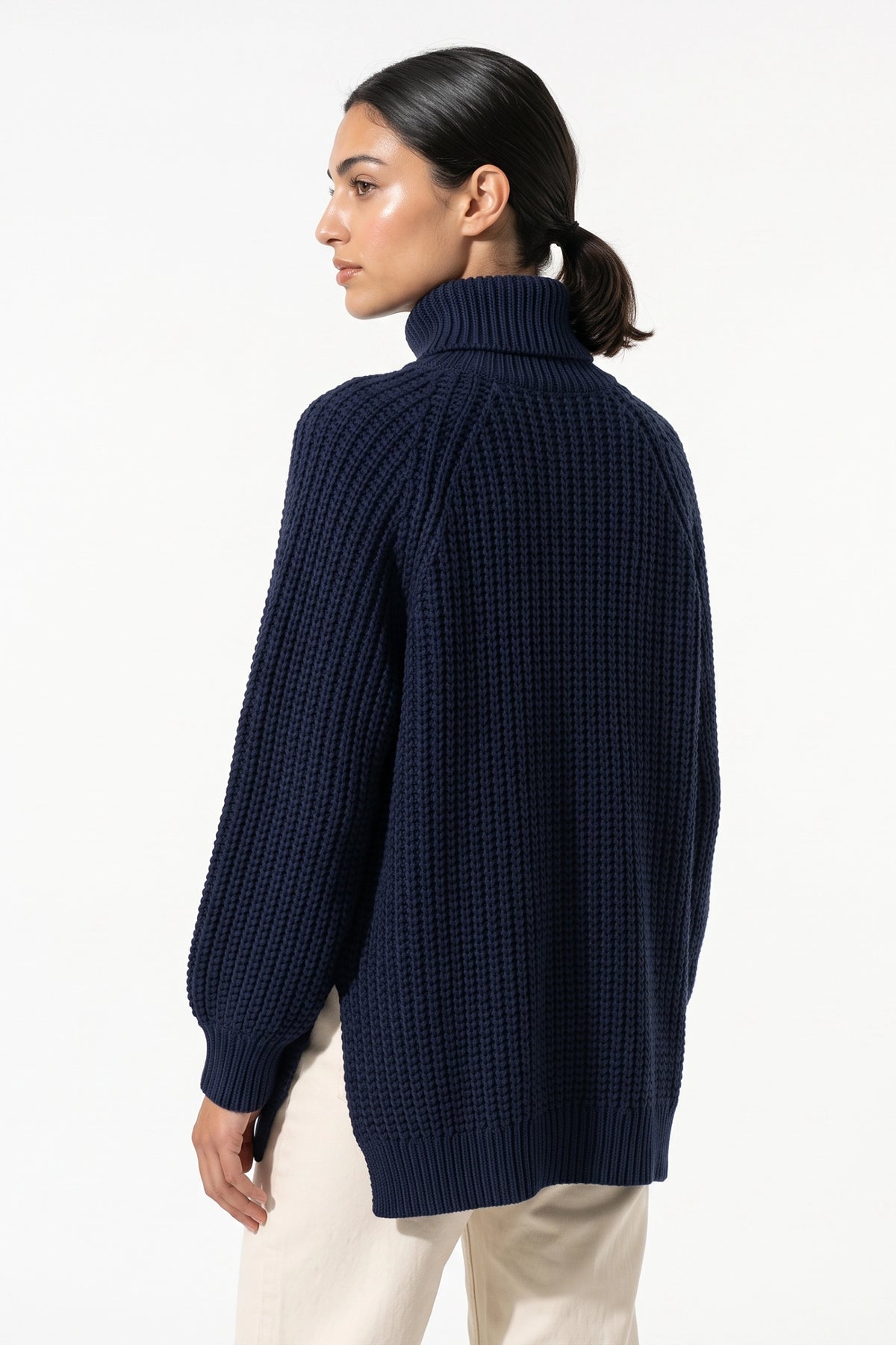 Women's Winter Warm Knitted Jumper with Roll Neck and Side Splits