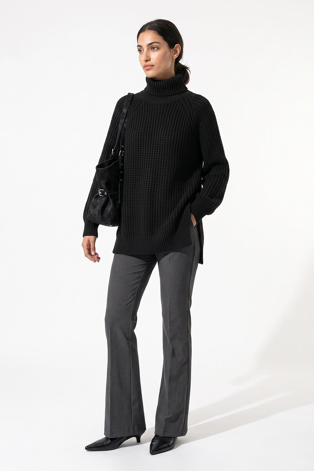 Women's Winter Warm Knitted Jumper with Roll Neck and Side Splits