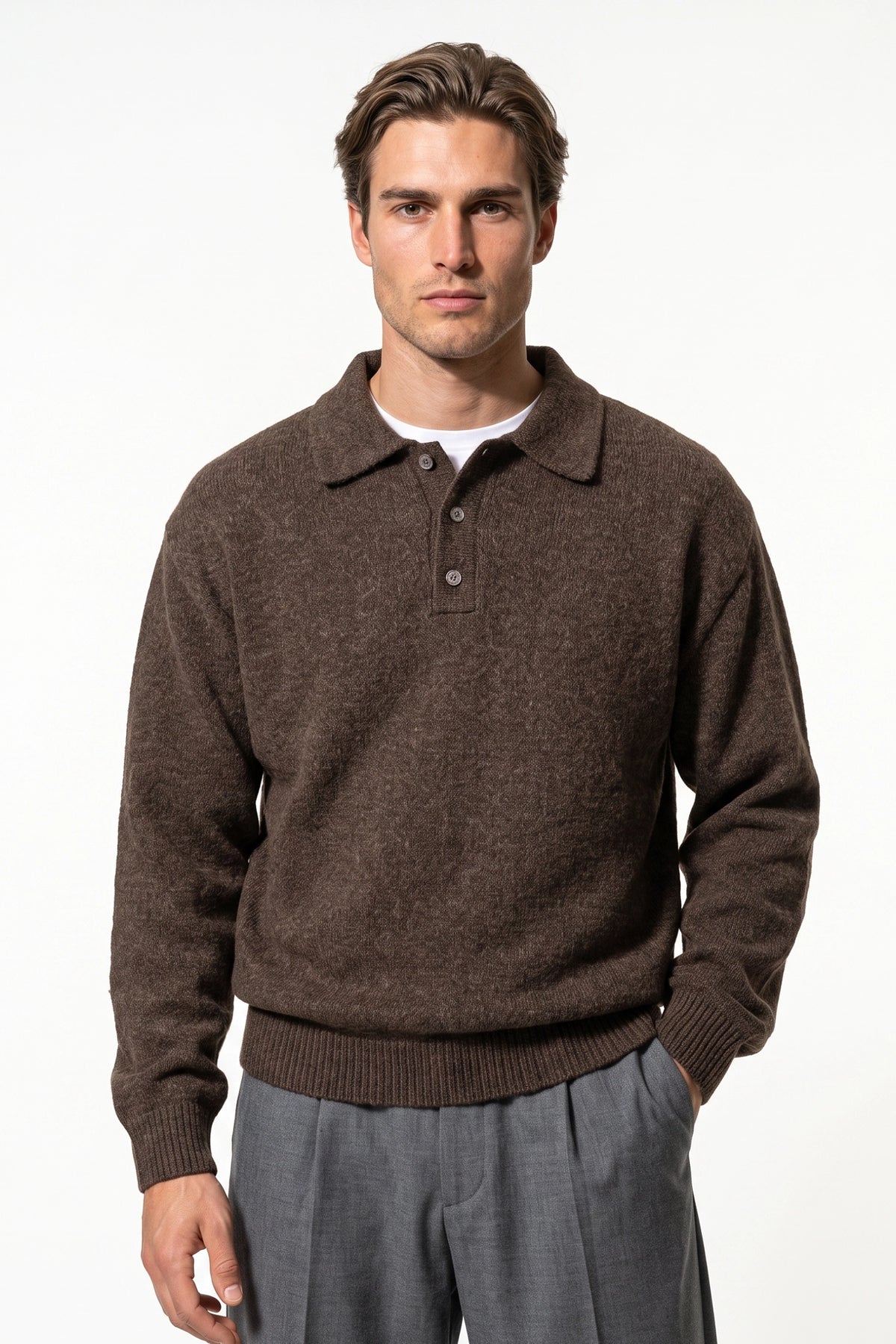 Men’s Winter Comfortable Knitted Polo Jumper with Long Sleeves