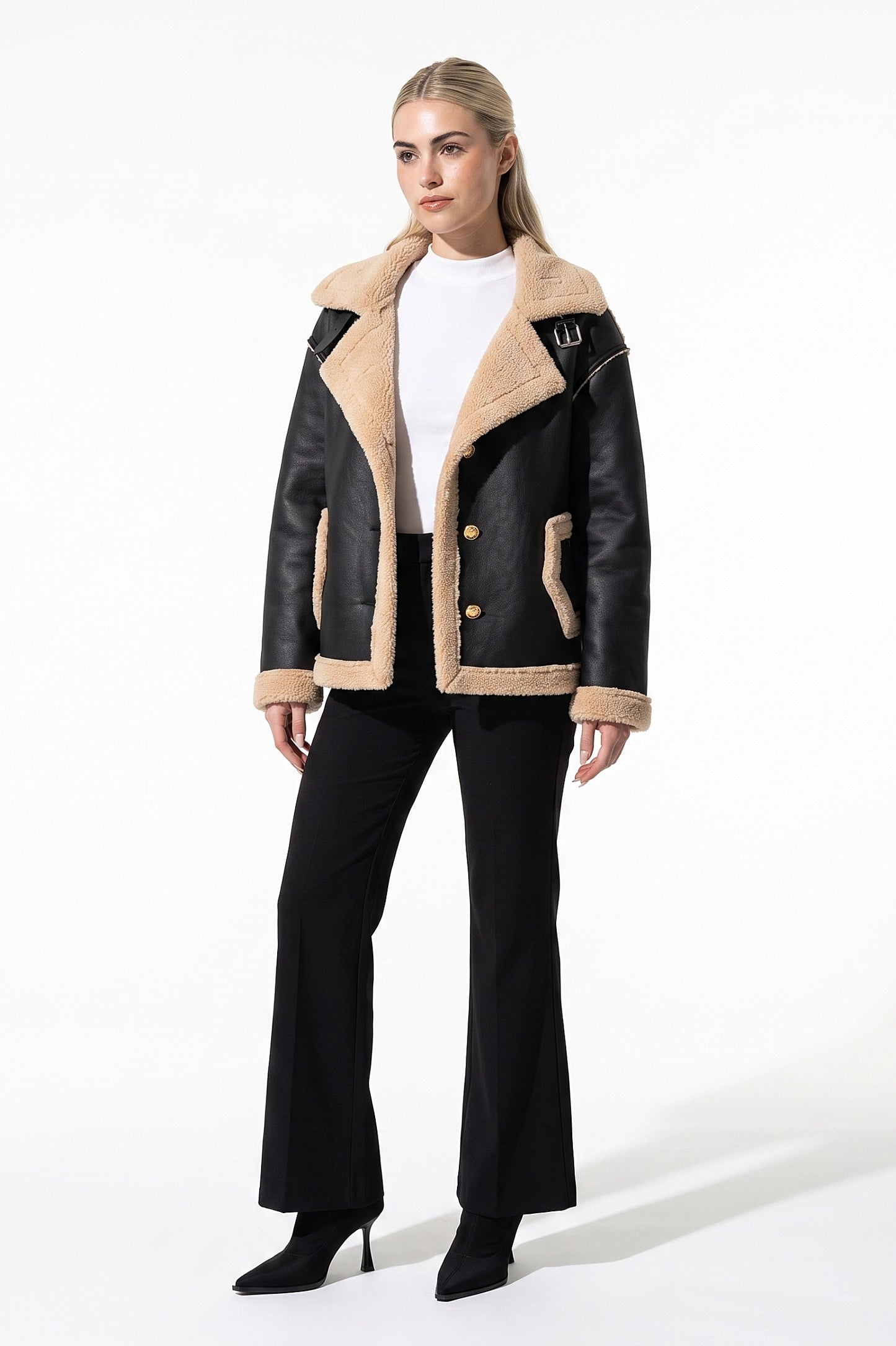 Women’s Winter Warm Faux Fur Jacket in Leather Aviator Style