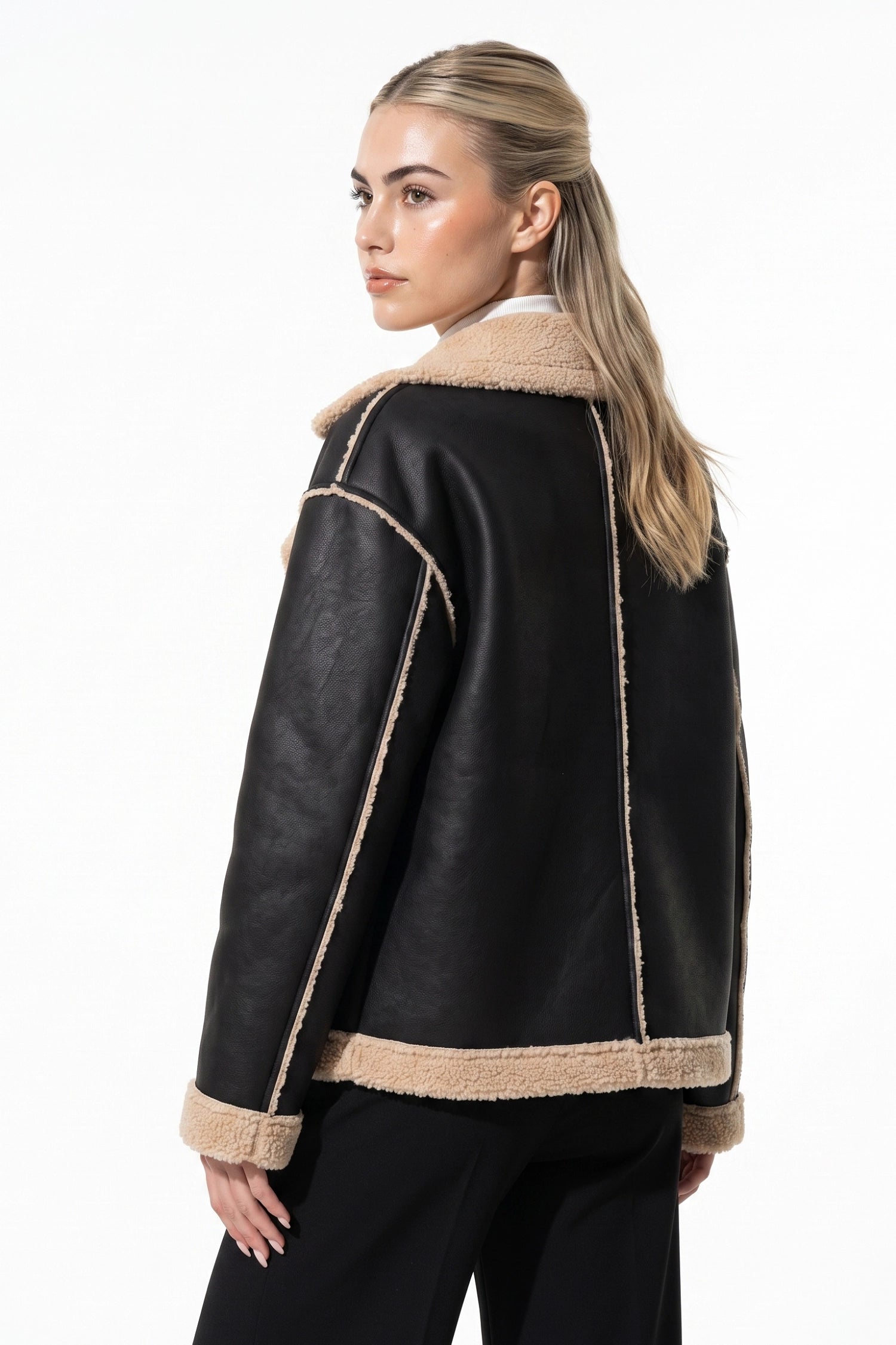Women’s Winter Warm Faux Fur Jacket in Leather Aviator Style