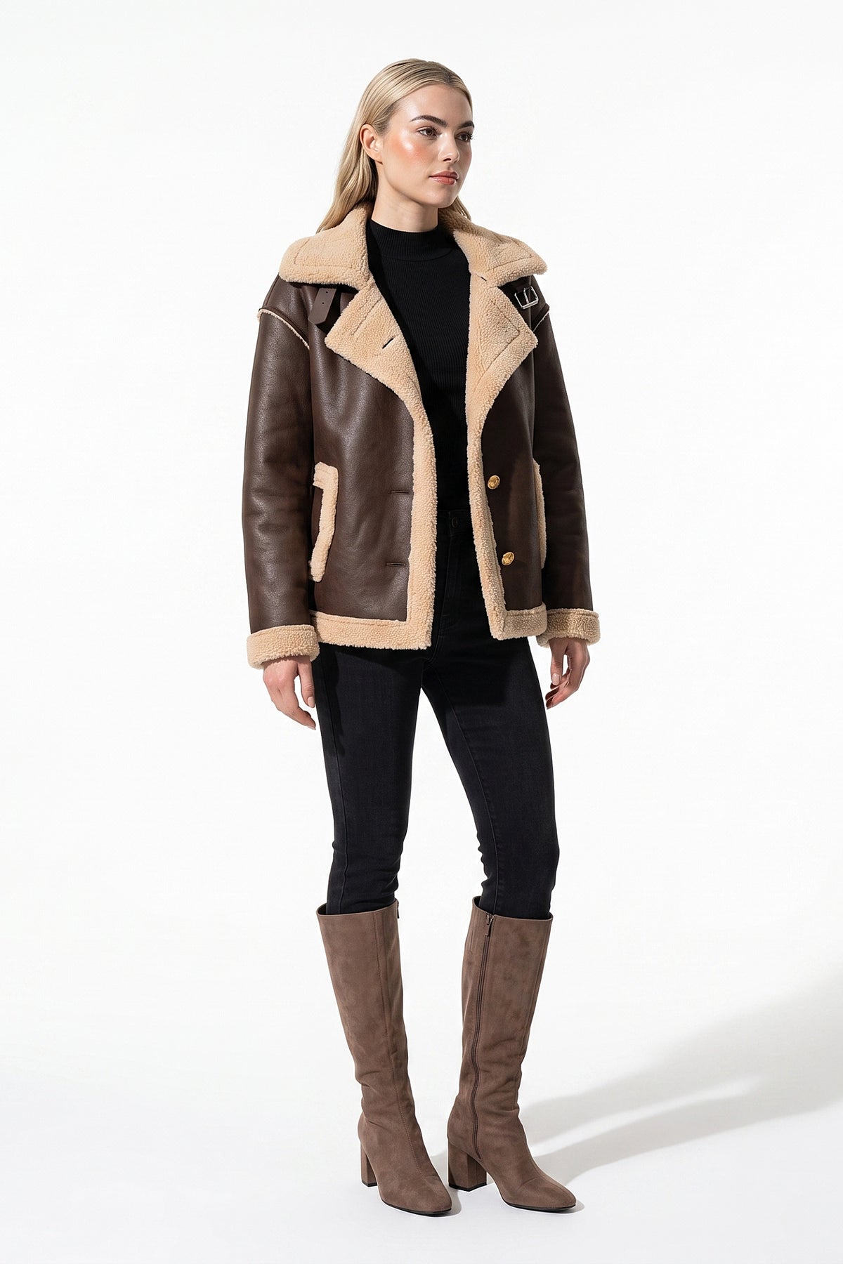Women’s Winter Warm Faux Fur Jacket in Leather Aviator Style