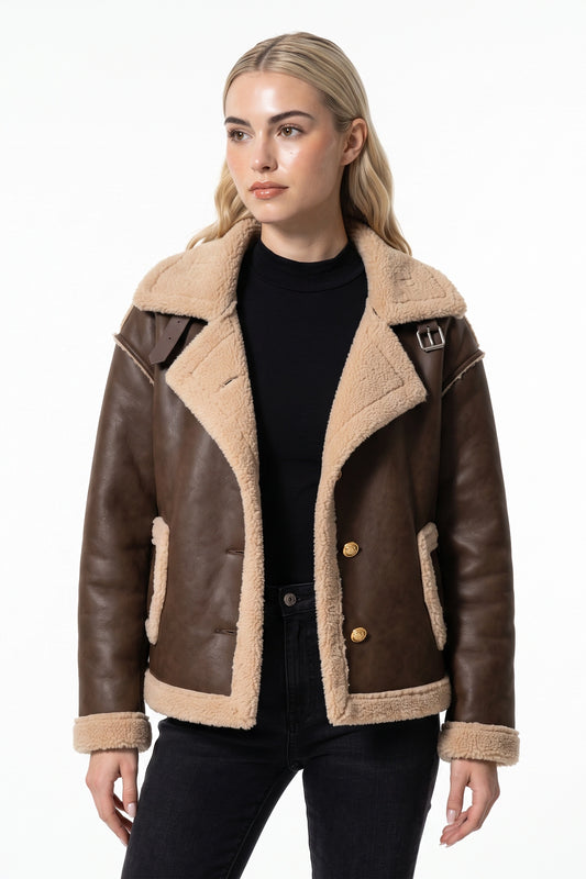 Women’s Winter Warm Faux Fur Jacket in Leather Aviator Style