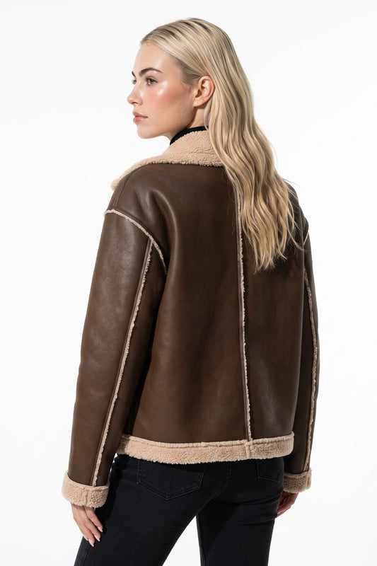 Women’s Winter Warm Faux Fur Jacket in Leather Aviator Style