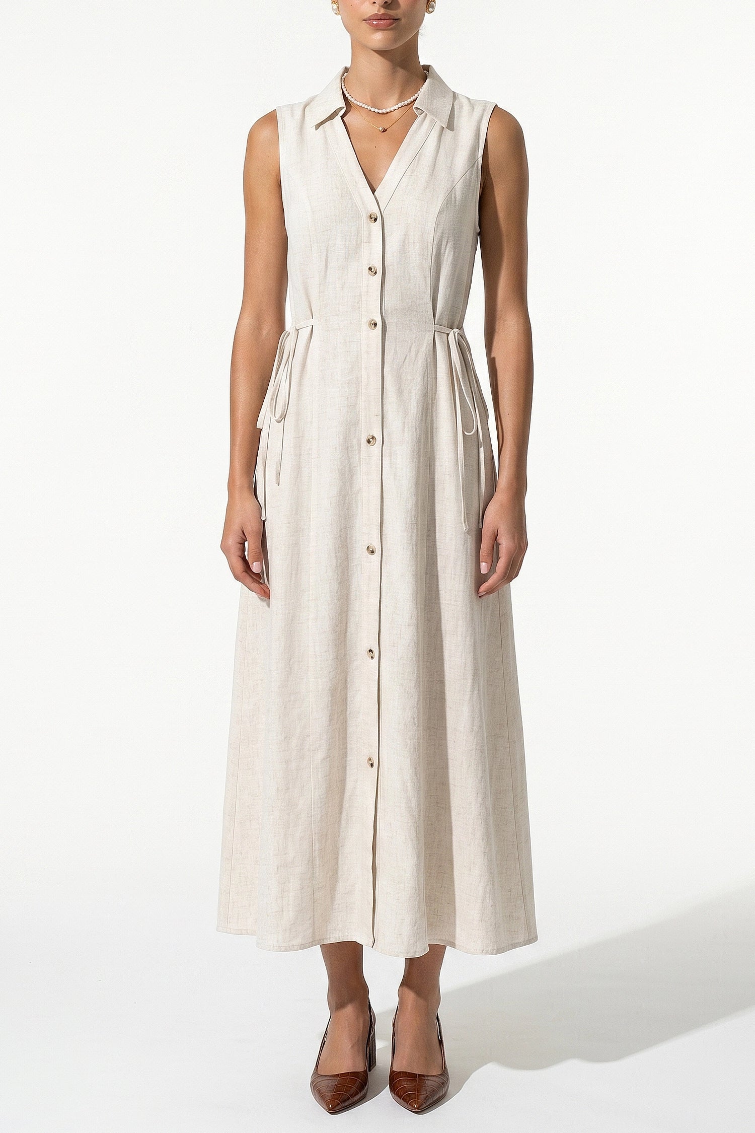 Women's Linen Blend Collared Sleeveless Midi Dress Button Front Tie Waist