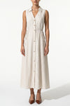 Women's Linen Blend Collared Sleeveless Midi Dress Button Front Tie Waist
